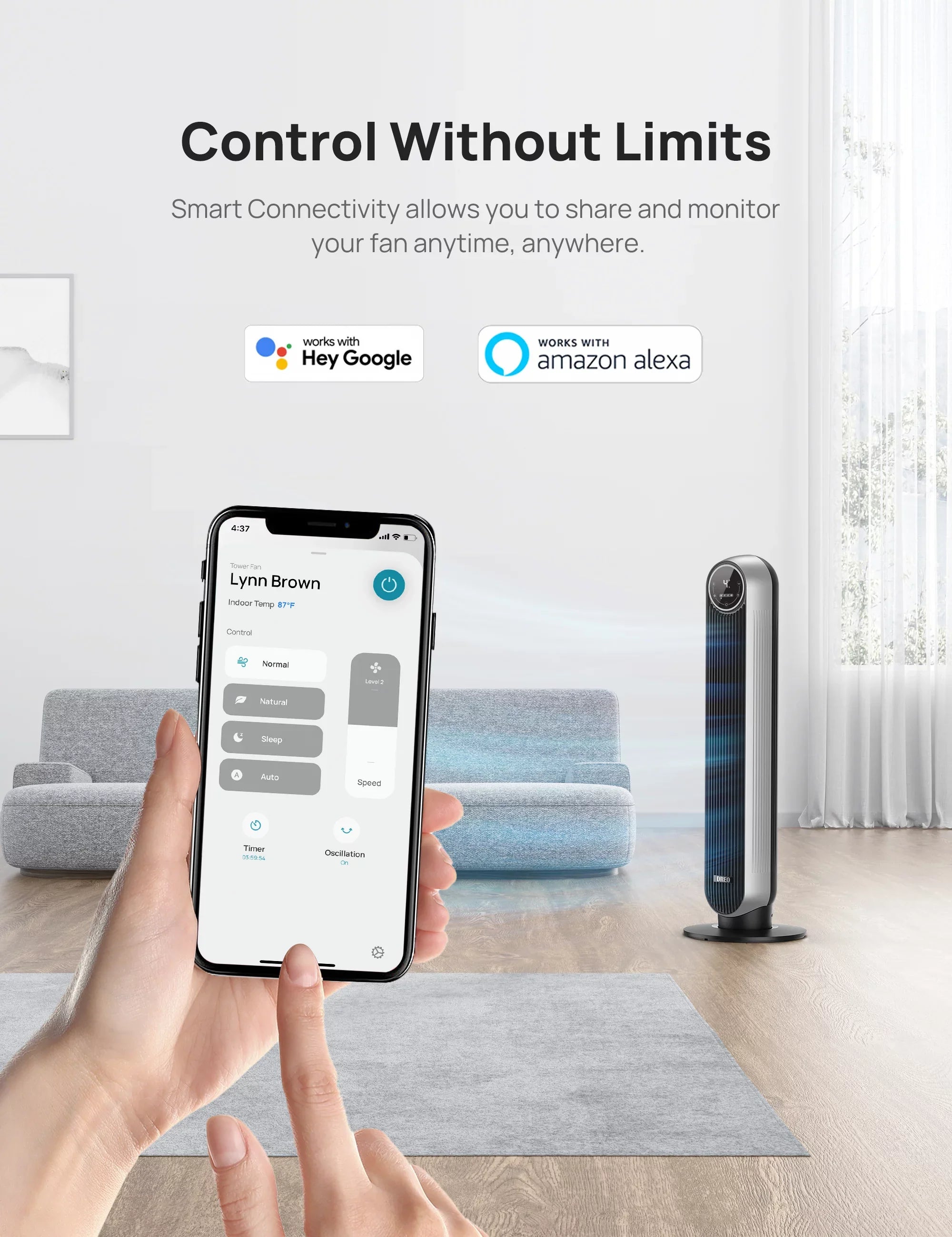Standing with Oscillating with Fan Remote for Fan Floor Quiet Alexa/Google WiFi Bladeless 8H Fans, Works Voice Modes, Tower Smart Timer, Dreo Control, Bedroom, 4 4 Speeds, and