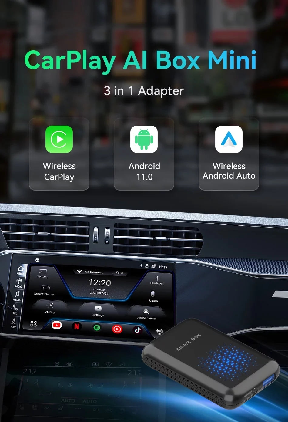 SIM/TF Wired 11, Wireless Netflix YouTube Auto Output，8 Android Magic Cars Carplay AI with Carplay Multimedia Core, Biniz Support Carplay Box HDMI Box Android Factory 2+16G with Video 4G Card,for Box