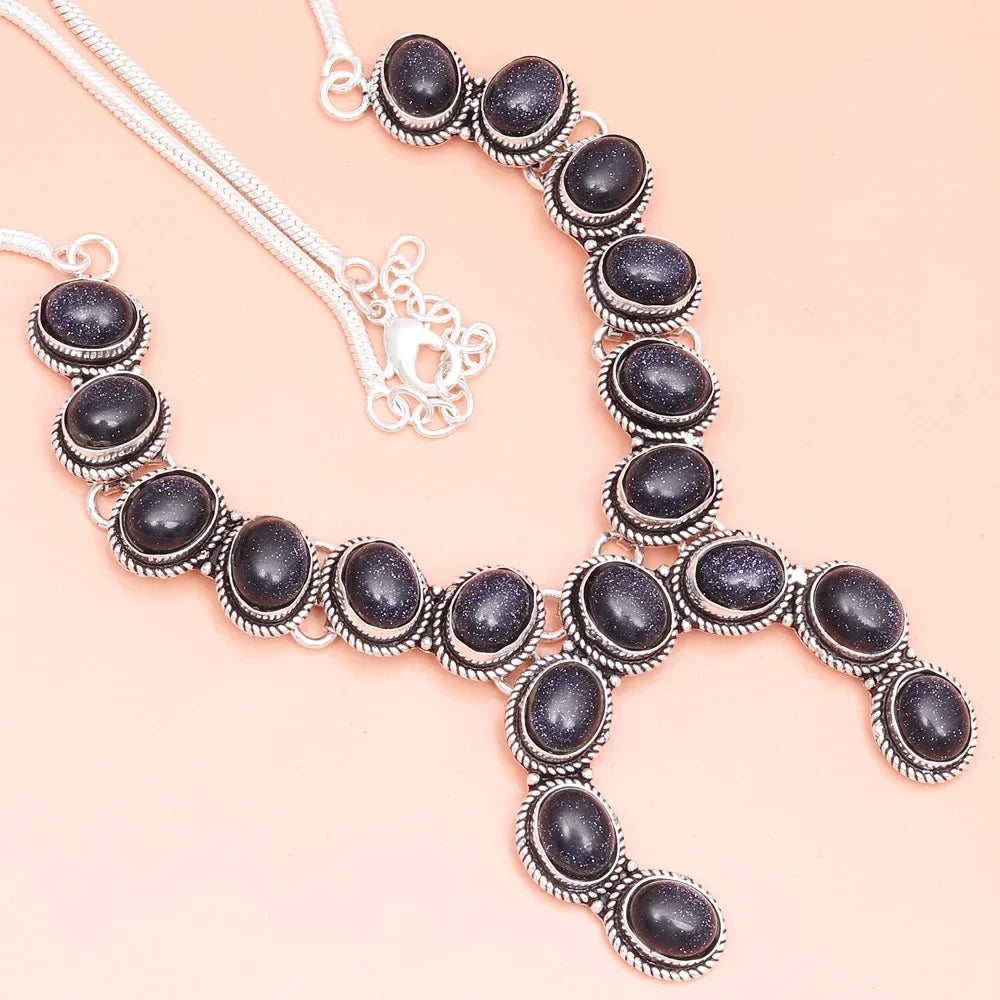 Ethnic Sunsitara Blue Jewelry Style 925 Gemstone Necklace Silver 18-20''