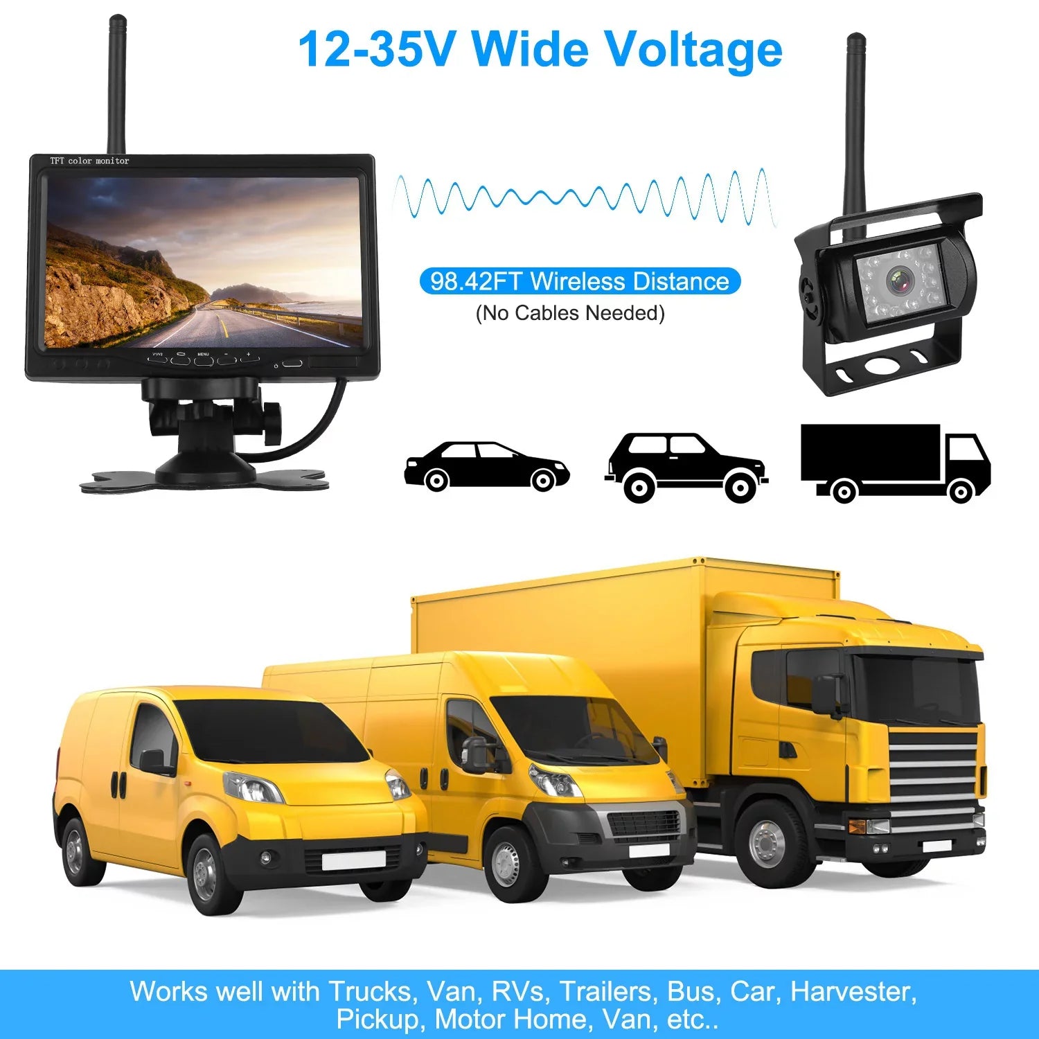 2.4G System Signal IP67 Van with Reverse Trunk SUV Vehicle Car Waterproof Car Screen Kit System Wireless View Parking Rear Backup Night 7In Camera for Vision Stable Monitor iMounTEK