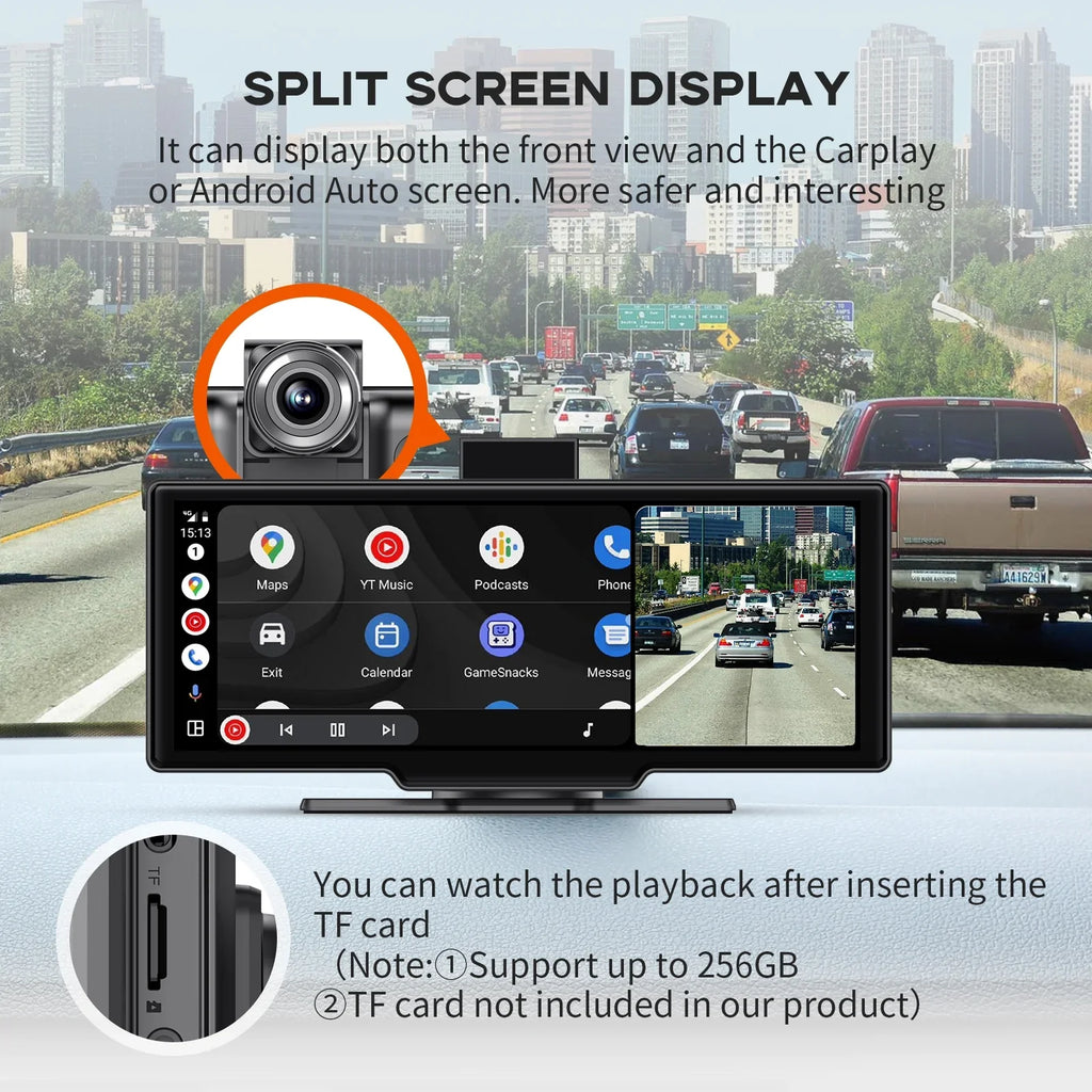 Play Touch Carplay Wireless Apple Screen Adapter Herilary Cam, Car Screen 2.5K with 10.26" Car Carplay Wireless Auto Android Mirror Dash Link/Siri/Wifi/Bluetooth/Double Din Stereo
