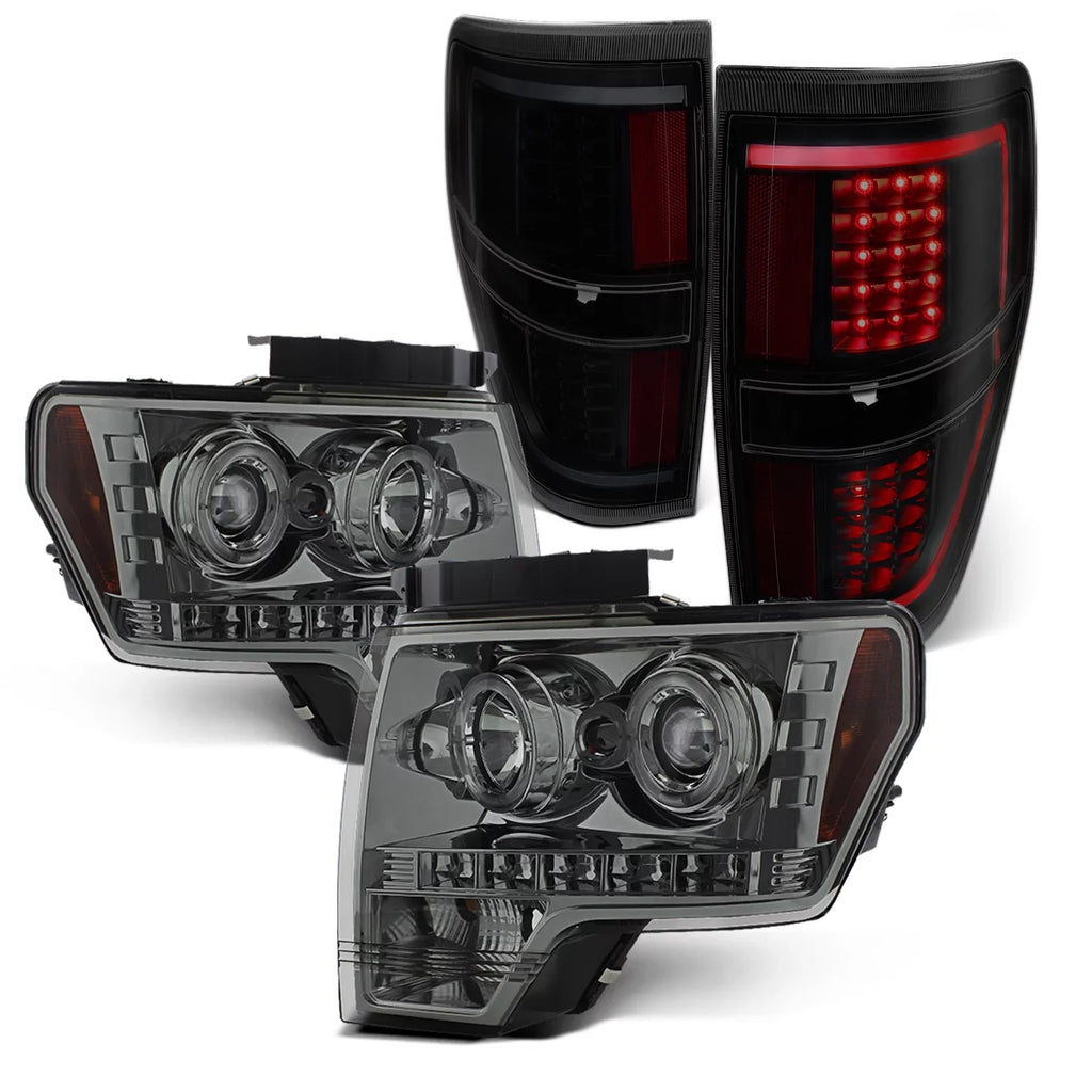 Black Projector Halo Combo Headlights AKKON [C-Light LED Bar] - Smoked Ford Tail Lamp 2009-2014 F150 Fits + F-150 Dual Smoke