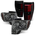 Black Projector Halo Combo Headlights AKKON [C-Light LED Bar] - Smoked Ford Tail Lamp 2009-2014 F150 Fits + F-150 Dual Smoke
