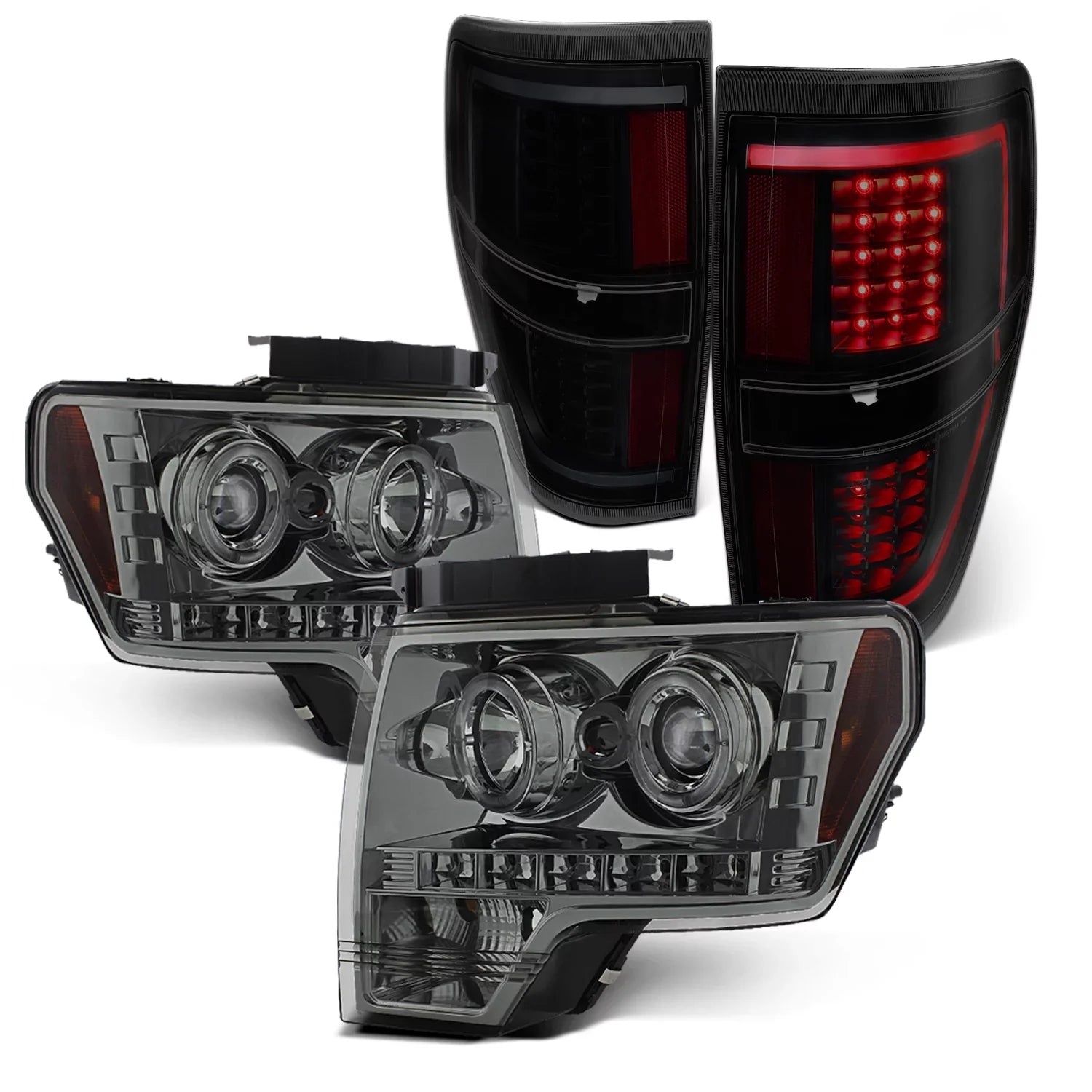 Black Projector Halo Combo Headlights AKKON [C-Light LED Bar] - Smoked Ford Tail Lamp 2009-2014 F150 Fits + F-150 Dual Smoke