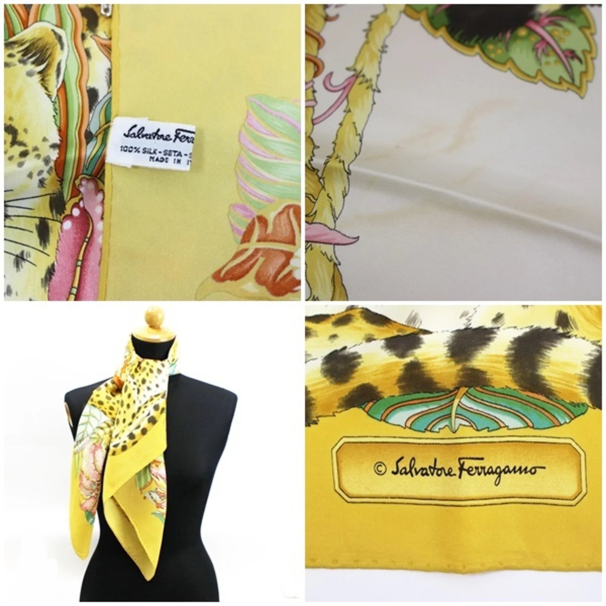 Yellow Scarf Print Silk Pre-Owned Salvatore Muffler Leopard Ferragamo Women's (Good)