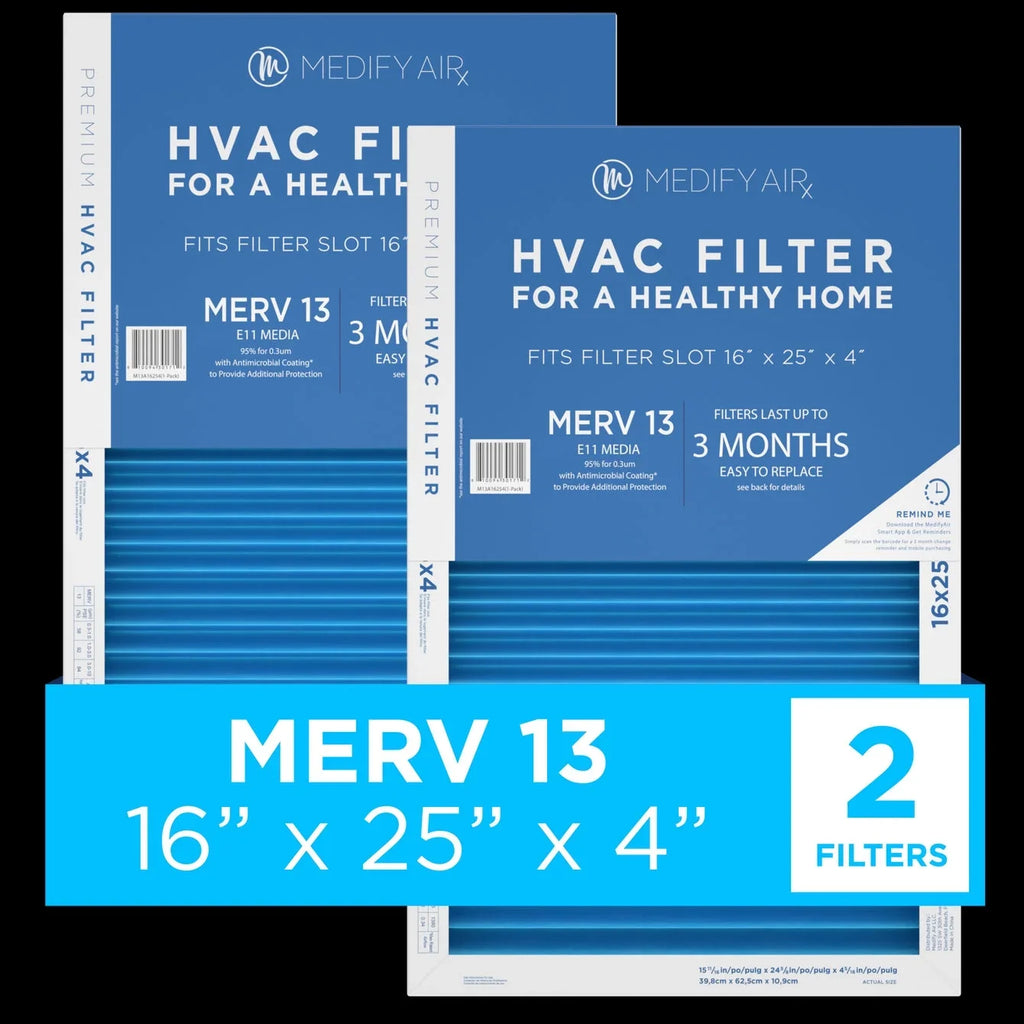 Pleated 16x25x4 Air 13, Particles Cleaning 2-Pack) Filter (MERV HEPA Air 95% Medify