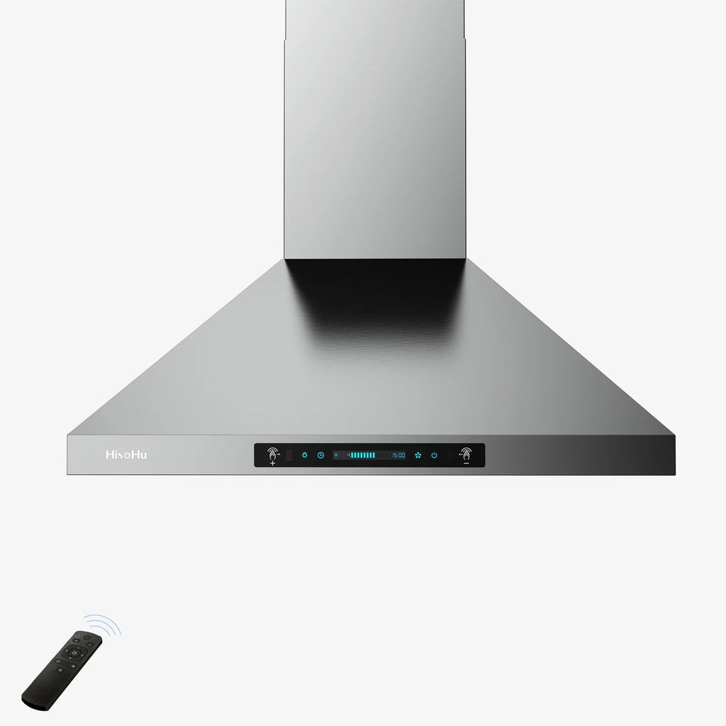 CFM Sensing Gesture Duct, HisoHu 36 Inch Range Kitchen Exhaust Wall Hood, LED Vent Hood Hood Stainless 780 Mount Hoods lights(A02-36") Speed with Ducted/Ductless with 4 Steel Dimmable Convertible