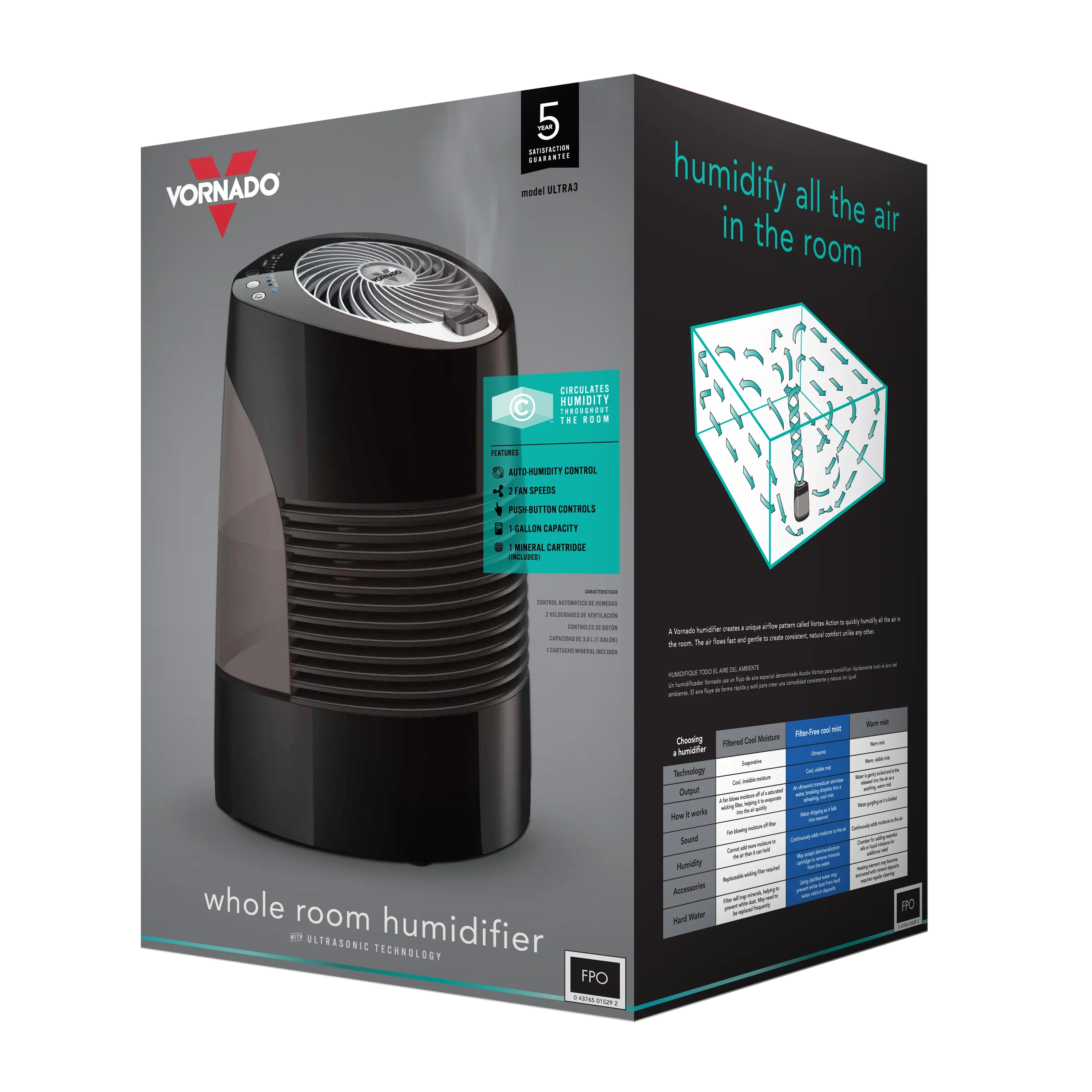 New Whole 3 and Room Black Ultrasonic Humidifier, Blue, Ultra Vornado