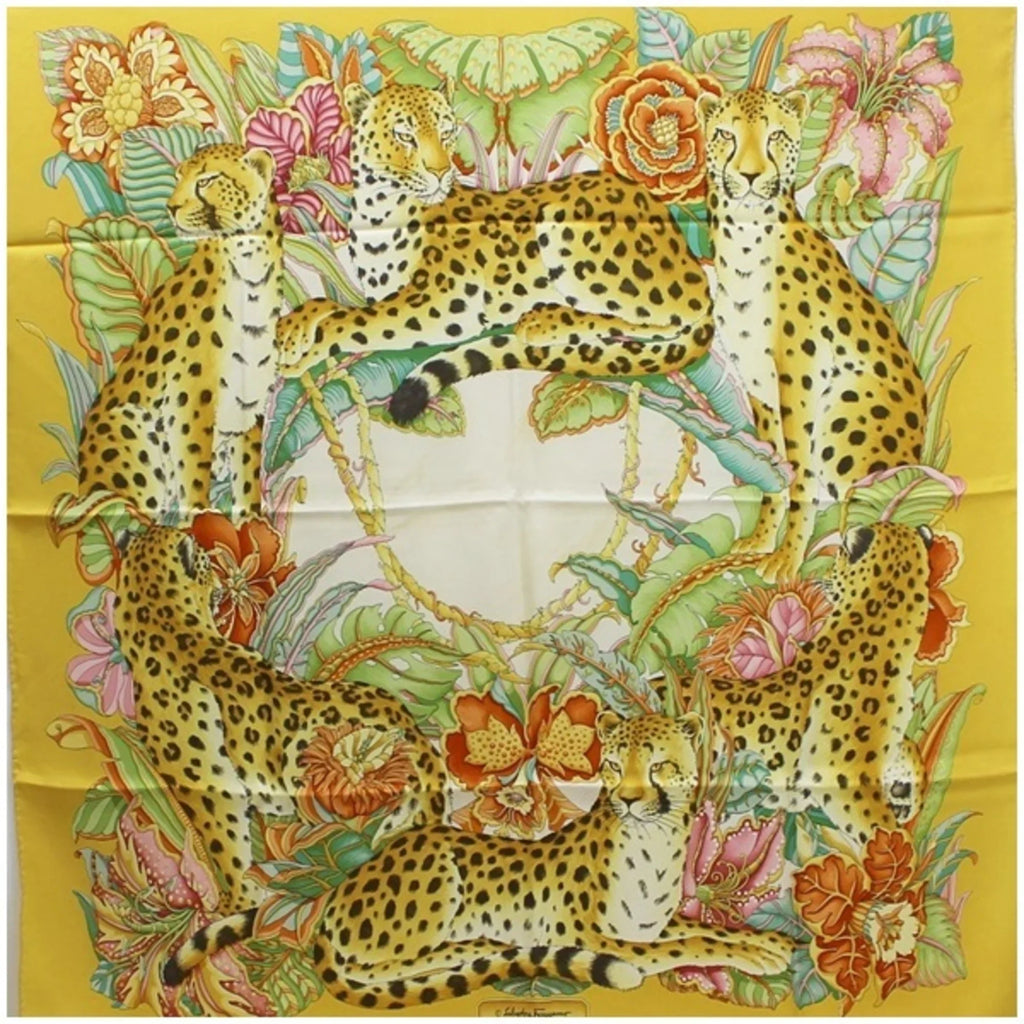 Yellow Scarf Print Silk Pre-Owned Salvatore Muffler Leopard Ferragamo Women's (Good)