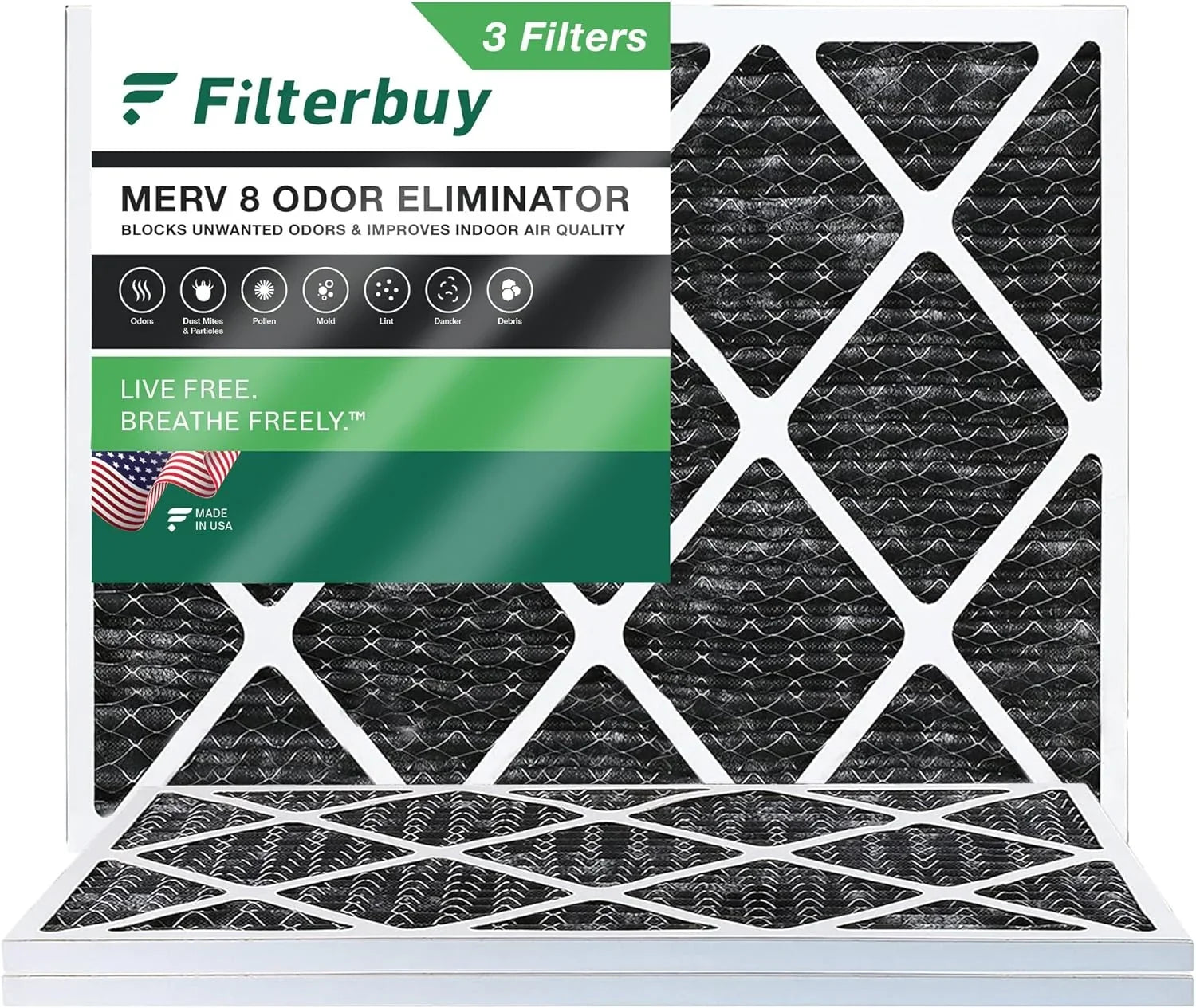 AC Activated Filterbuy Eliminator 8 (3-Pack) Pleated HVAC Odor Filters with Furnace MERV Carbon Air 14x20x1
