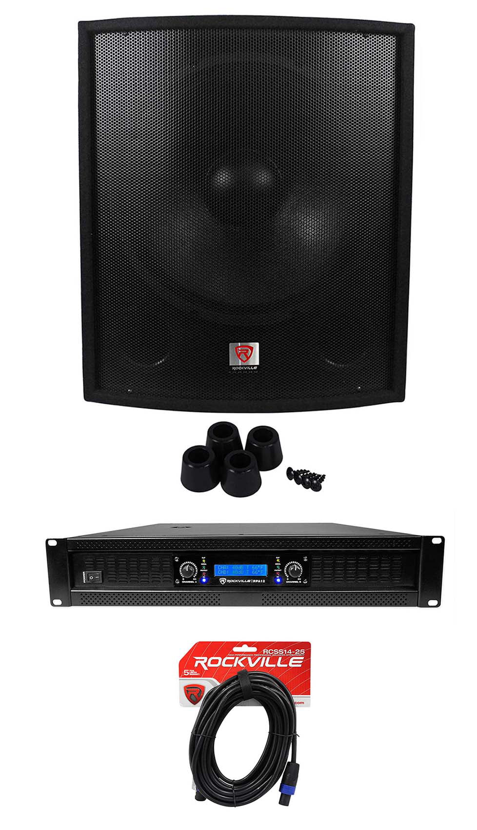 Pro PA Rockville Amplifier+Cable Subwoofer 2-Channel 18" SBG1188 Sub+5000w DJ