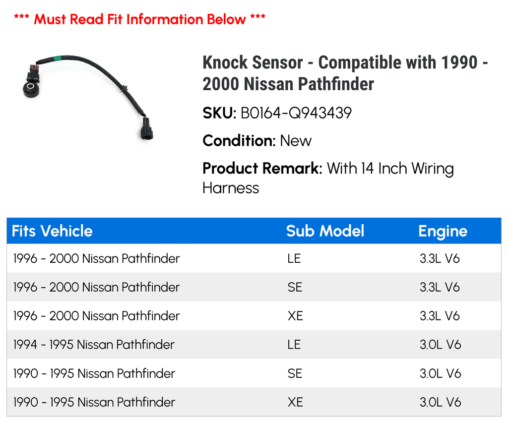 '- 1997 Knock 1995 Pathfinder 1990 Sensor - 1991 1994 Compatible 1996 1999 1992 with 1993 Nissan 2000 1998