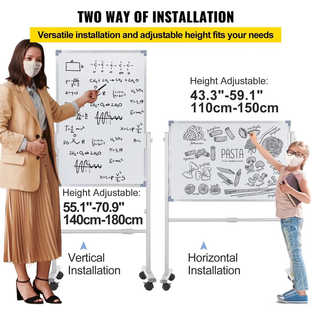 Home Rolling Double Mobile Board Frame Aluminum Sided Dry w/ Adjustable 360 Erase School BENTISM Stand 24" Reversible 36" Office Wheels Lockable Swivel x Whiteboard with Height for Magnetic and