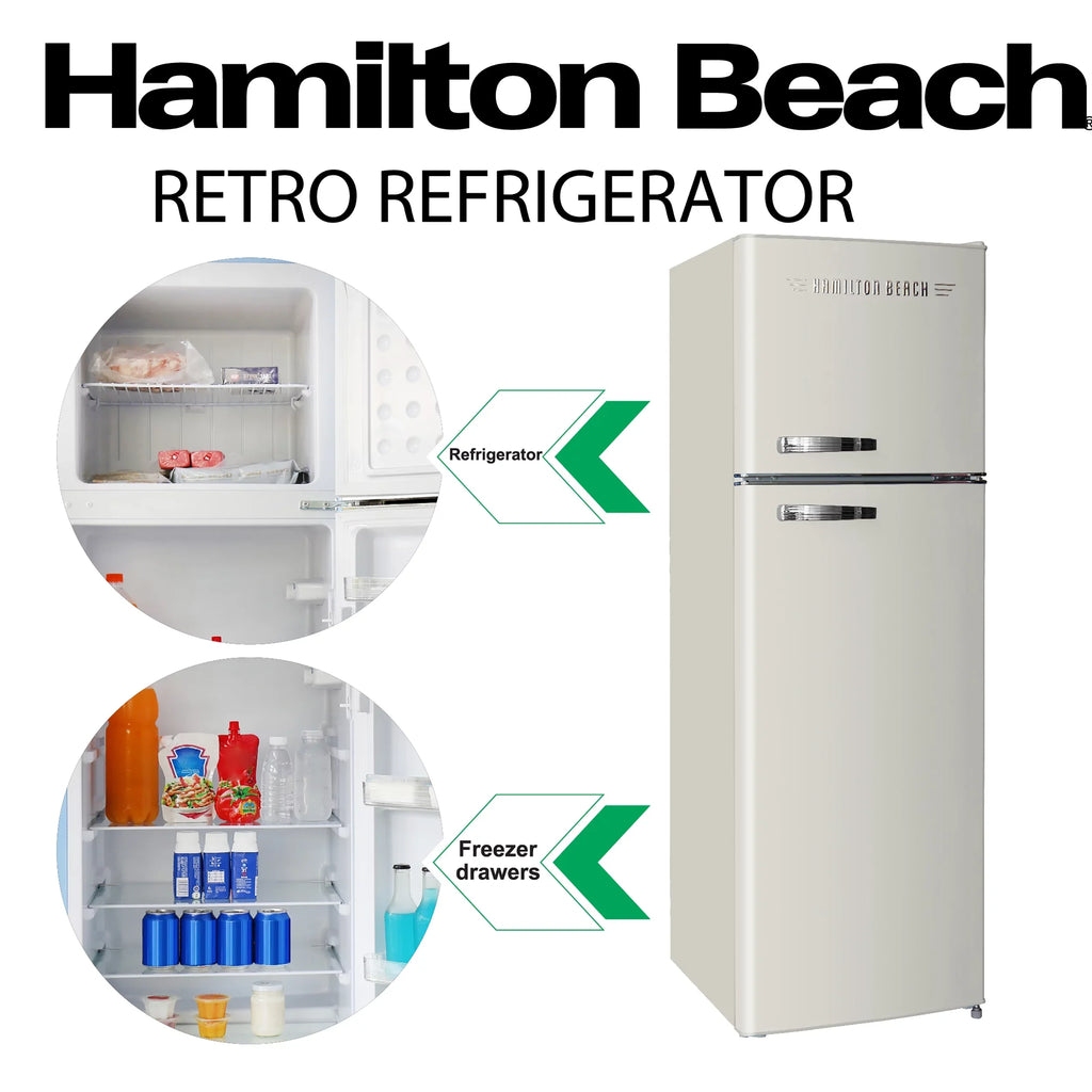 Thermostat Free, Cu 10 Adjustable Cream, Beach 5 Control 2 Door HCFC Shelves, Hamilton Door Ft HBF1050, Retro Refrigerator,