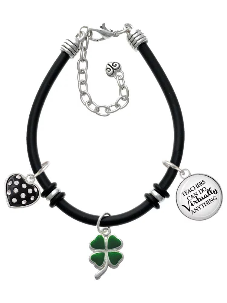 Black Bracelet Virtually Leaves Charm Four Leaf Teachers Dome Heart Clover Rubber Delight with Jewelry Green Can Anything Silvertone Do