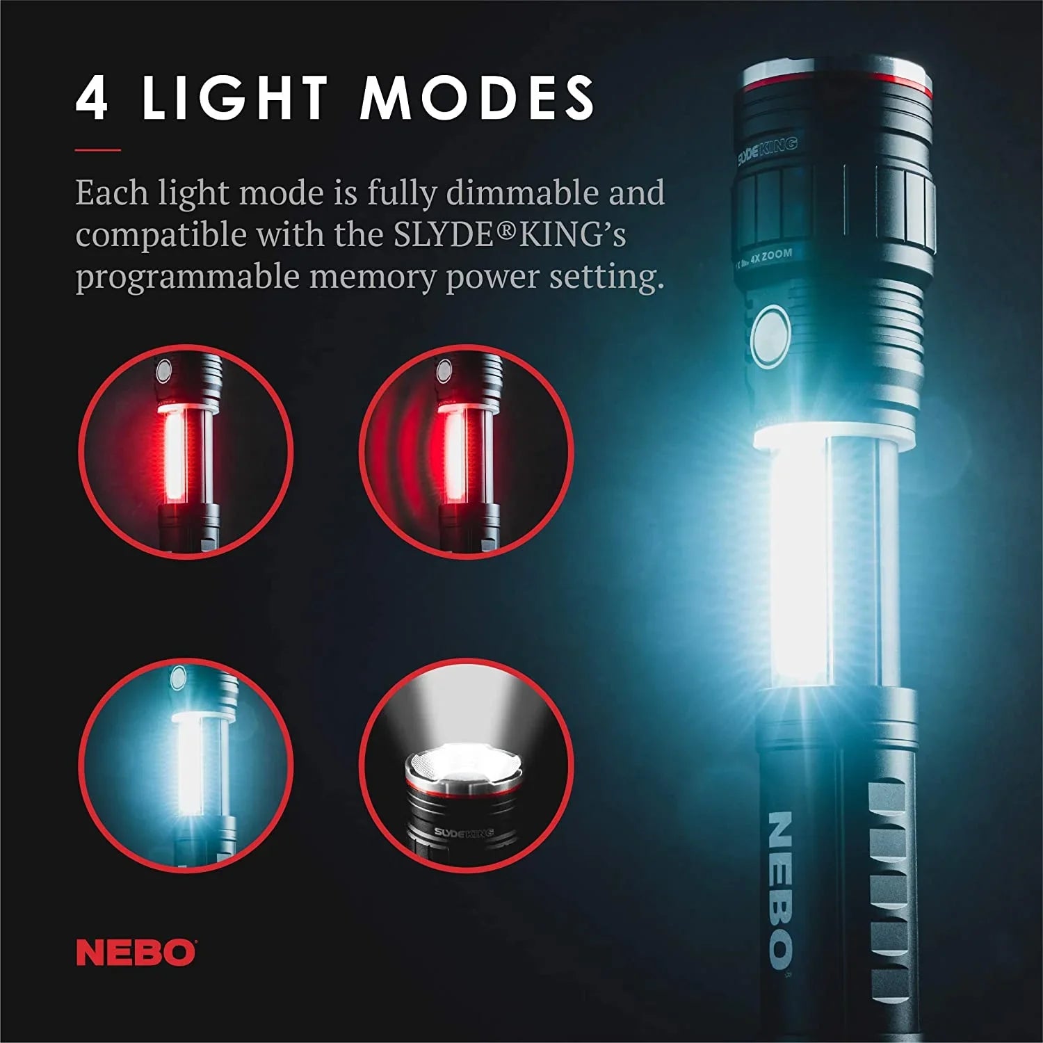King Light, & Work NEBO Flashlight Base Durable, Magnetic Slyde Camping with Everday Flashlight, and Bright, Carry Light LED 4 C.O.B. Work Rechargeable Light Modes, and Flashlight