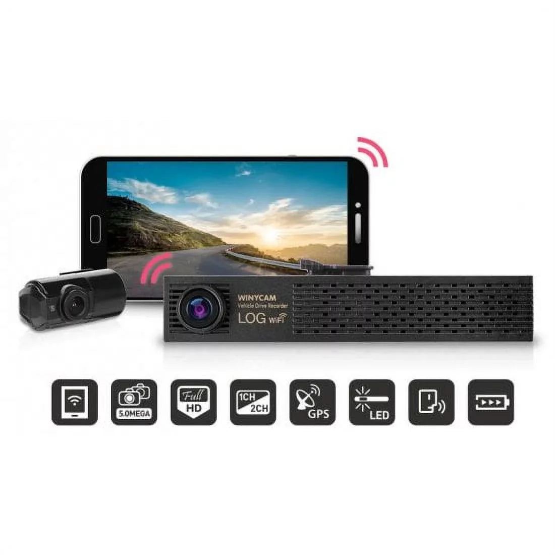 HD Black Angle cam Dual dash Car box cameras wide (Smart not Phone WinyTech Wi-Fi Included) 1080P