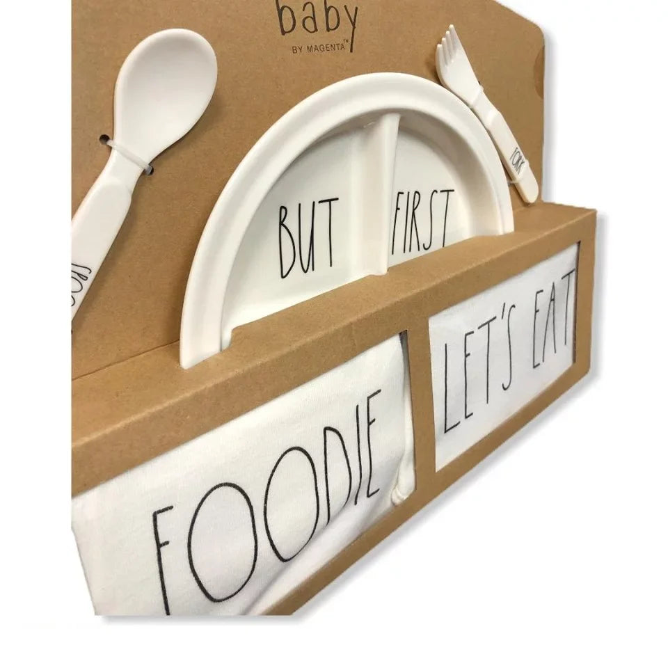 5 Rae Foodie Bodysuit Months) Bib (0-3 Utensils Set: Piece Baby Gift Dunn Plate