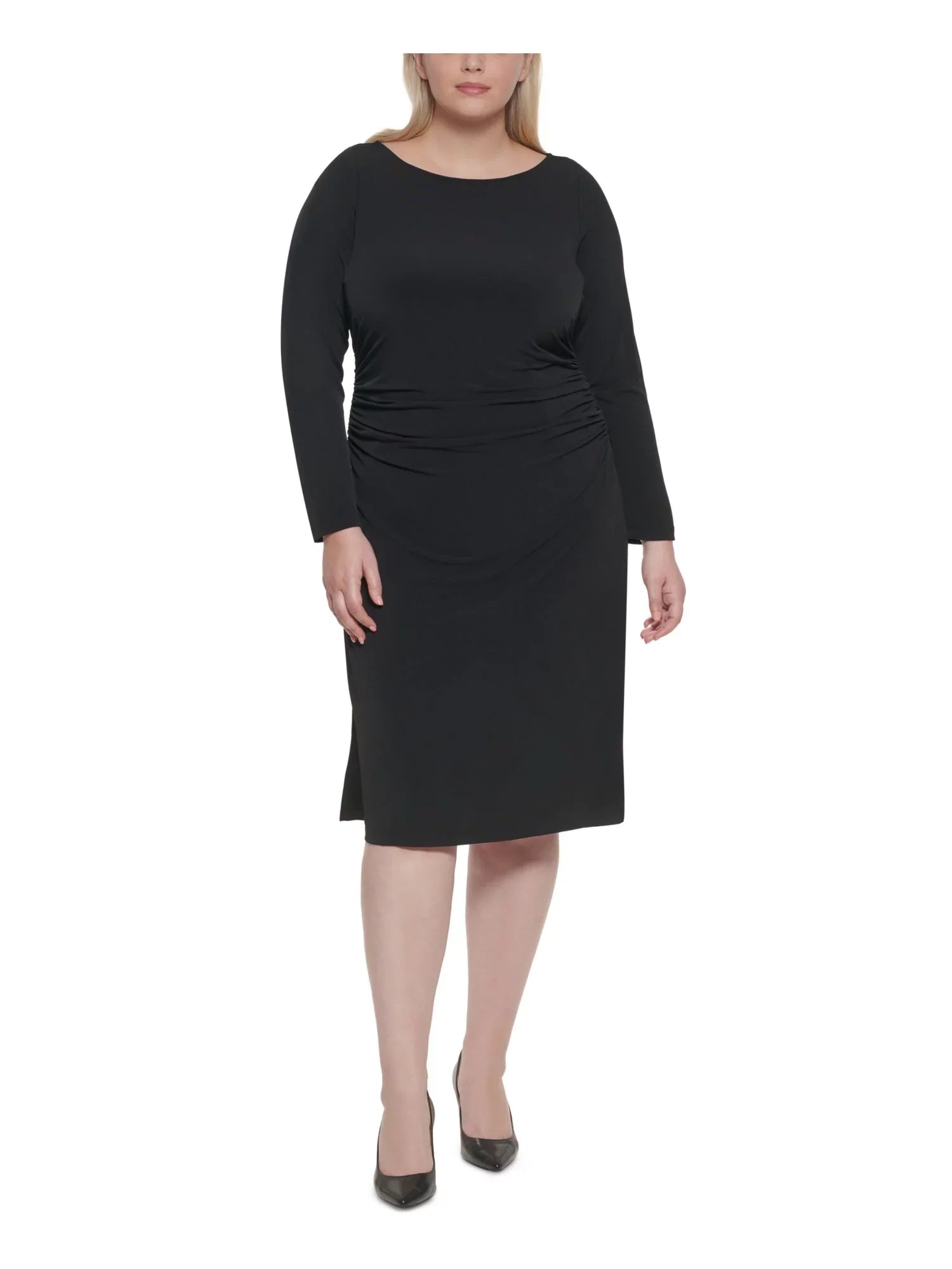 Plus Round Midi Dress Zippered To Ruched CALVIN Wear Stretch Long Womens Work Sleeve Sheath Neck 16W Black KLEIN