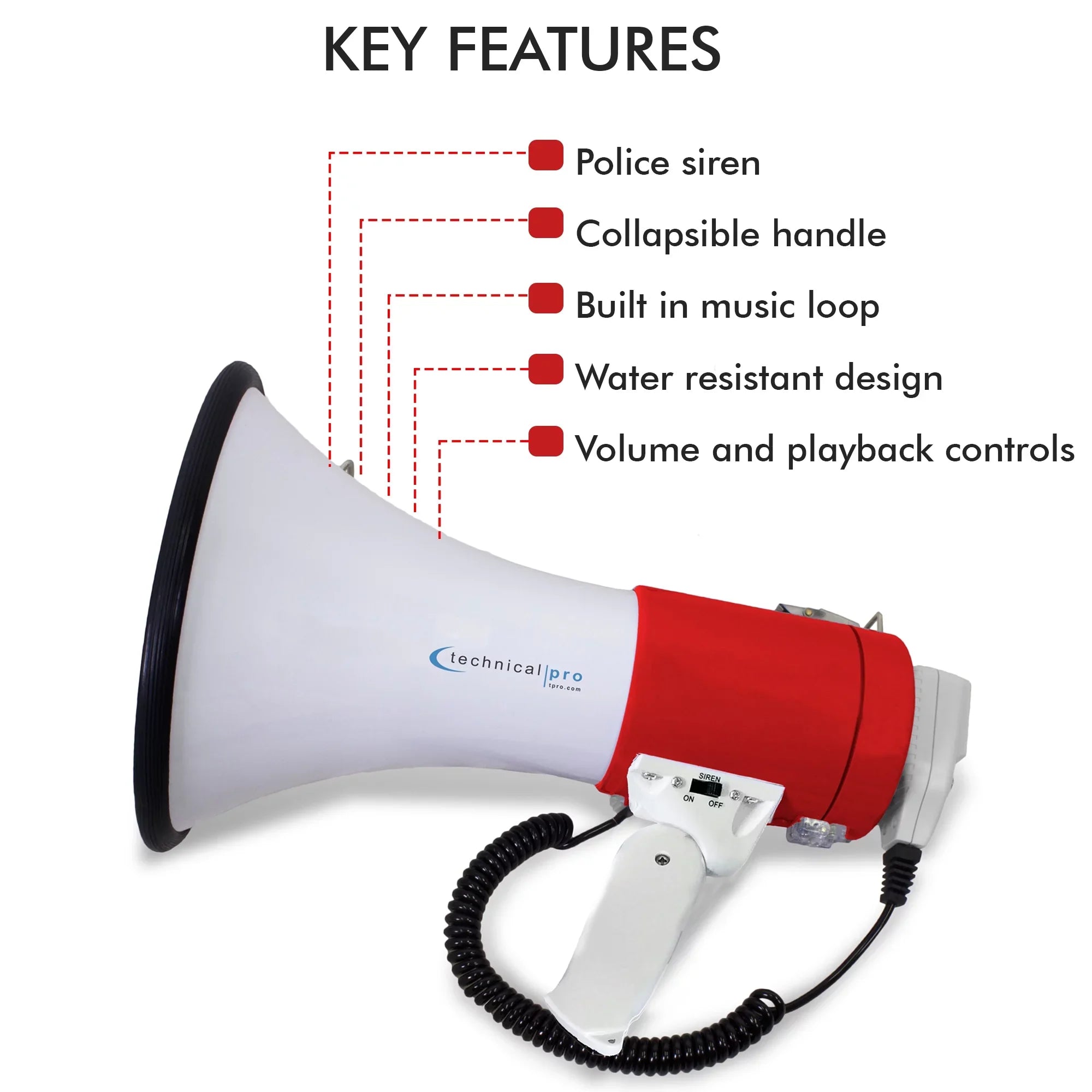 Police Lightweight Detachable Speaker Outdoor Detachable Technical Voice And Red Professional leading - Portable Bullhorn Cheer Megaphone for w/ 75-Watt Microphone, Pro PA Strap Siren,