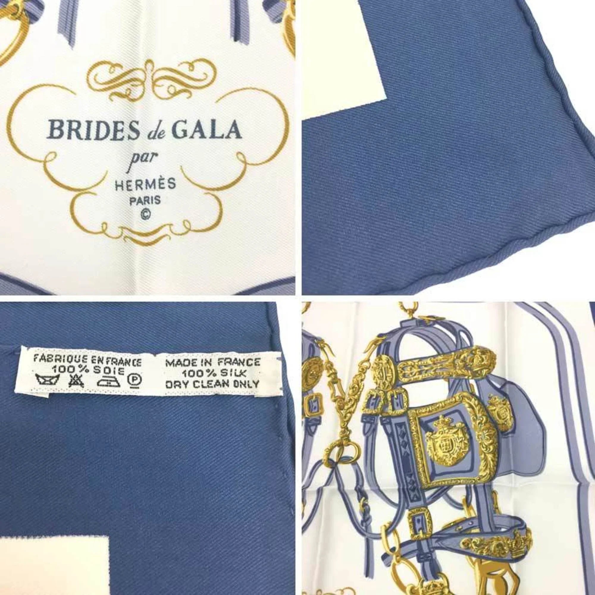 Scarf (ceremonial x White Hermes Pre-Owned Blue Carre de Muffler Silk 100% HERMES BRIDES (Like 45 New) bridle) GALA