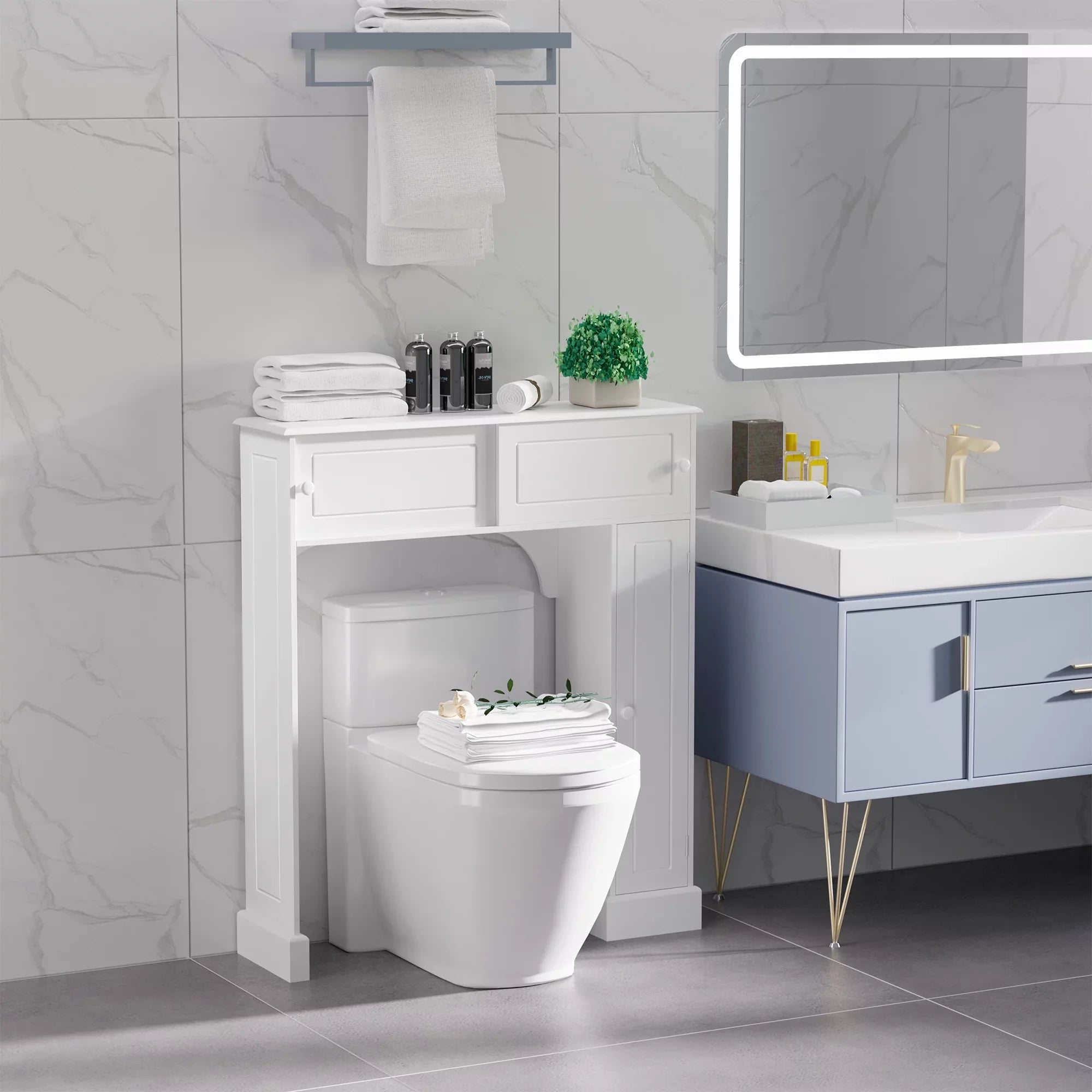 Organizer Cabinet, Storage Shelves, Toilet Rack, Over the Bathroom White Adjustable with Toilet Bathroom Freestanding kleankin