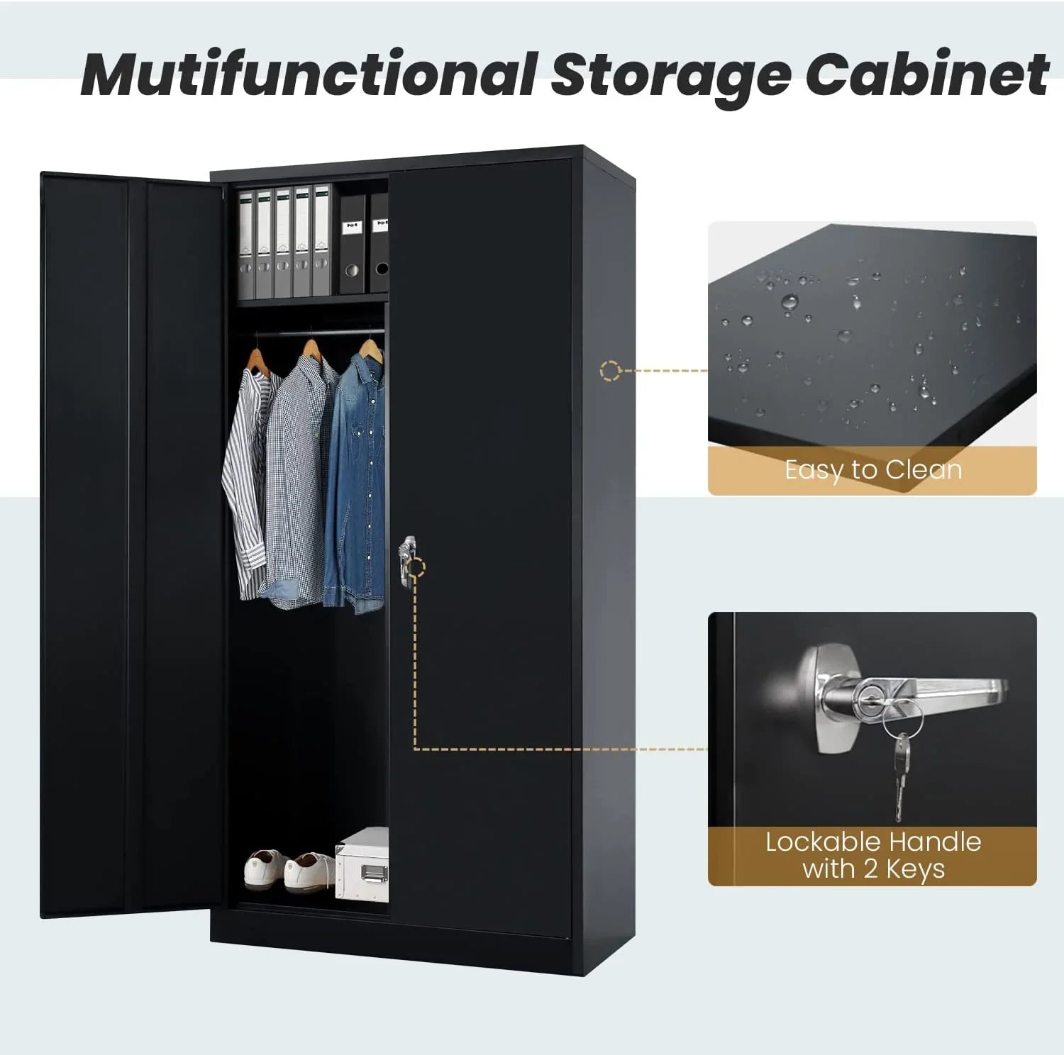 HOOMHIBIU Employee with Locker with Steel Coat Freestanding Metal Cabinets for Office Wardrobe Locking Door Garage and (Black) Cabinet Clothing Home Lock 72'' Shelves
