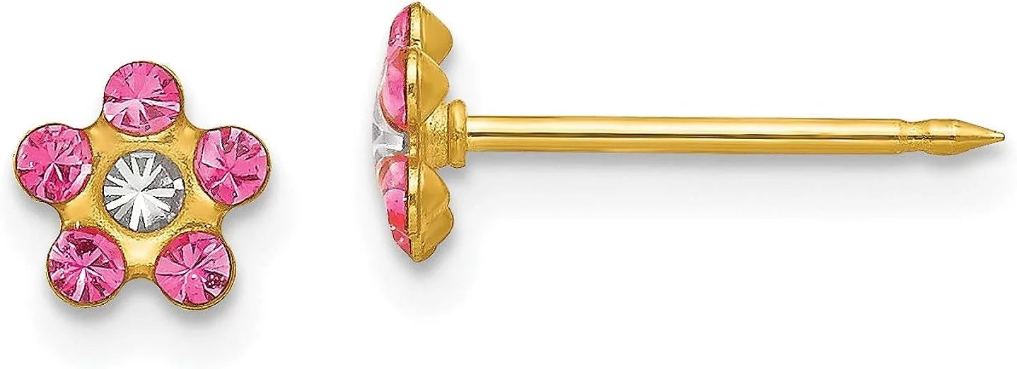 Solid Rose/Aurora Gold Flower 14k 5mm Borealis Crystal Inverness - Earrings Yellow