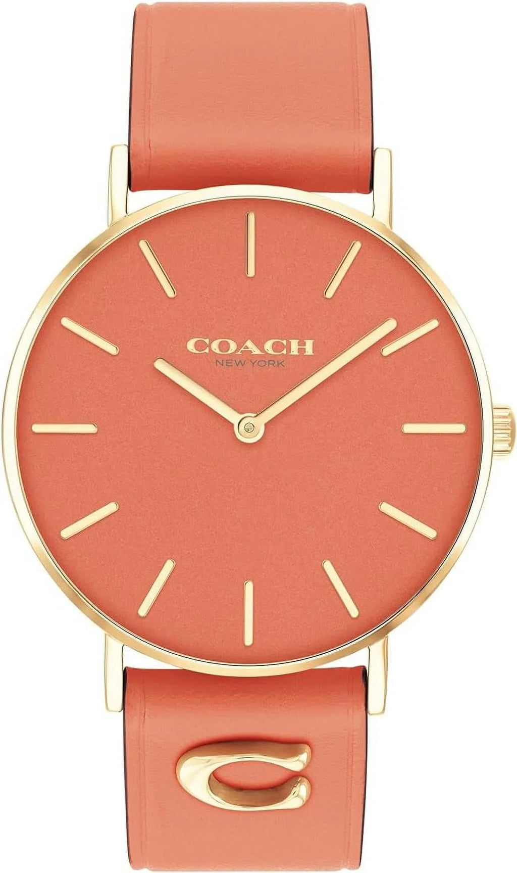 Perry Coach Watch Pink Leather Women's 14503922 Pink/Gold Band Coral Coral Dial Tone