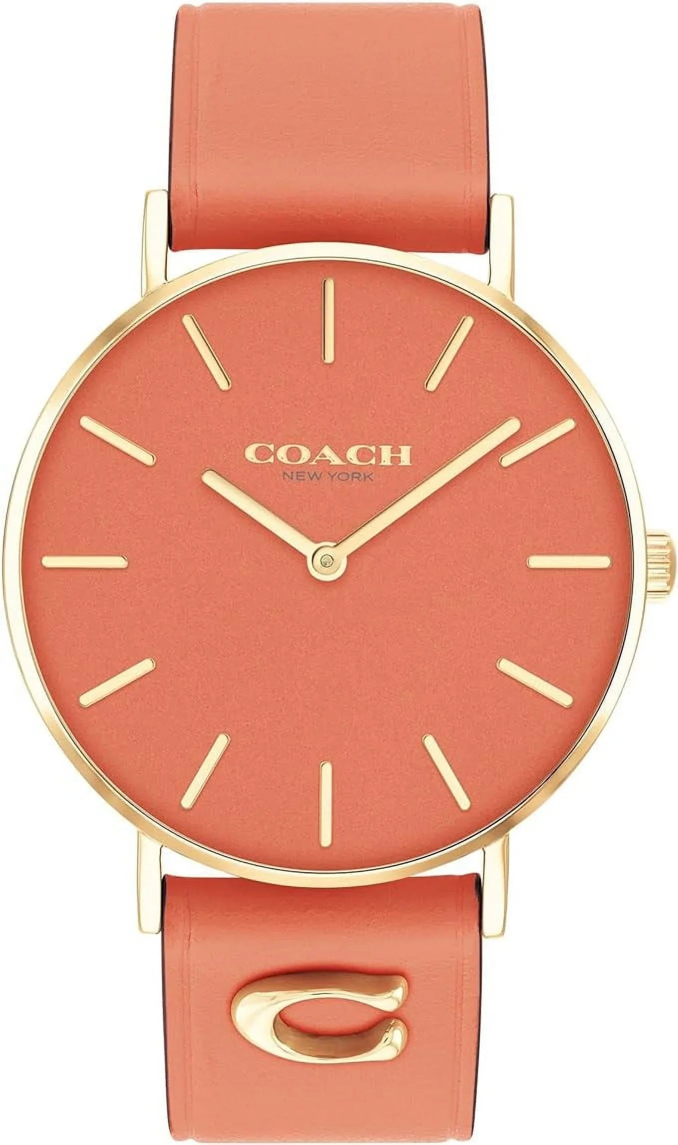 Perry Coach Watch Pink Leather Women's 14503922 Pink/Gold Band Coral Coral Dial Tone