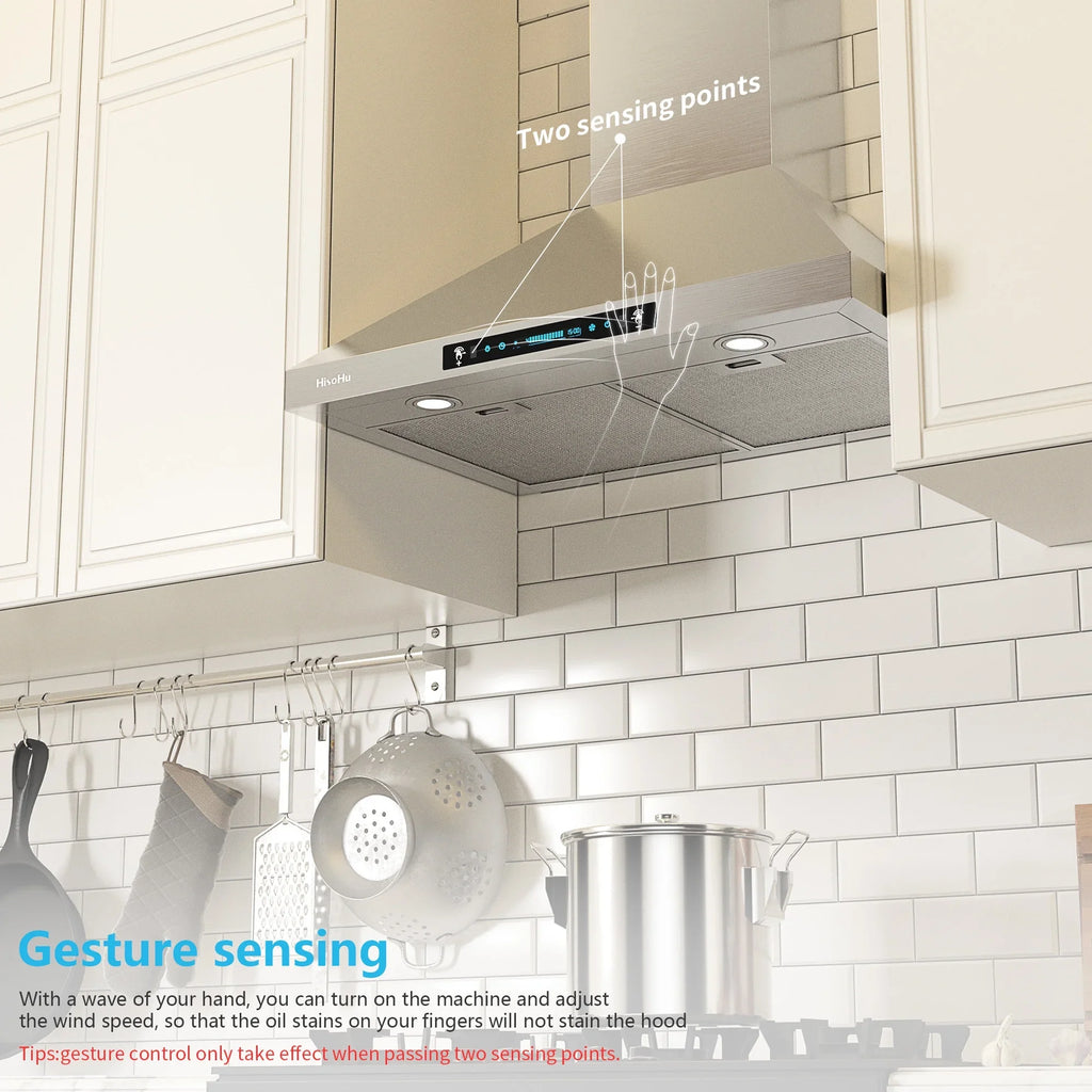 CFM Sensing Gesture Duct, HisoHu 36 Inch Range Kitchen Exhaust Wall Hood, LED Vent Hood Hood Stainless 780 Mount Hoods lights(A02-36") Speed with Ducted/Ductless with 4 Steel Dimmable Convertible