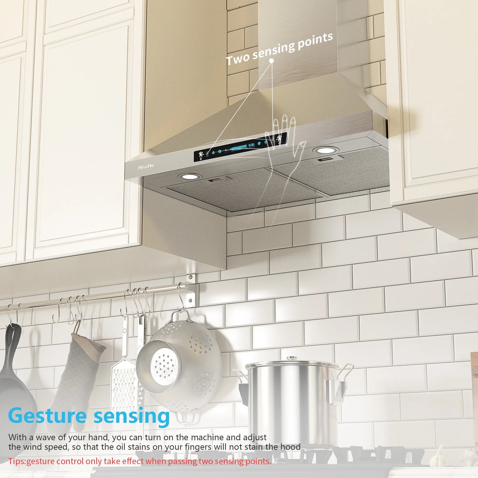 CFM Sensing Gesture Duct, HisoHu 36 Inch Range Kitchen Exhaust Wall Hood, LED Vent Hood Hood Stainless 780 Mount Hoods lights(A02-36") Speed with Ducted/Ductless with 4 Steel Dimmable Convertible
