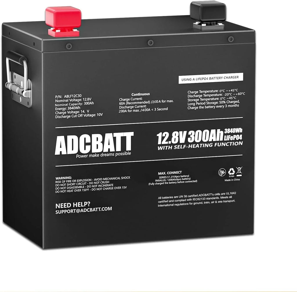 LiFePO4 12V for Self Metal Motor, off-Grid Case Adcbatt Battery Trolling RV, and 300Ah with Heating
