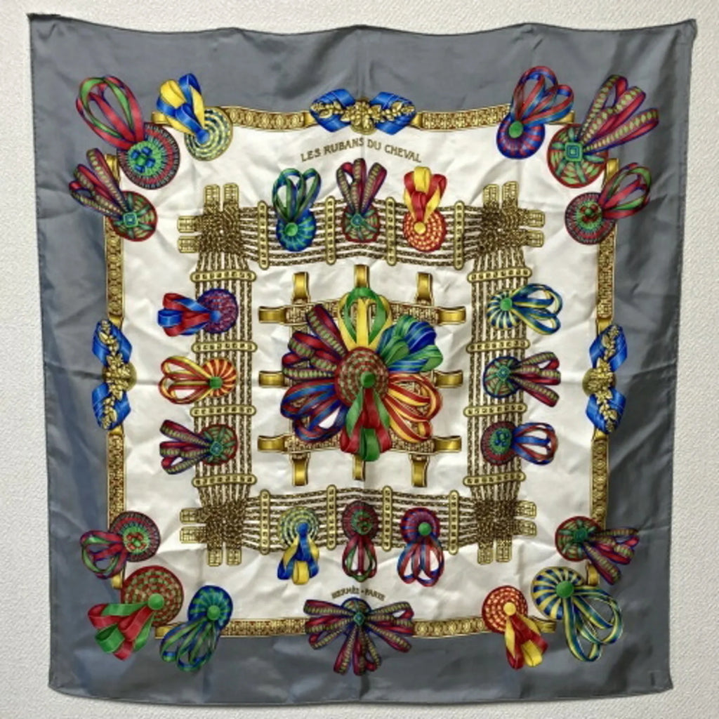 DU Horse Carre90 RUBANS Pre-Owned (Good) Scarf LES Fashion Ribbon Gray HERMES Accessory CHEVAL Silk Ladies