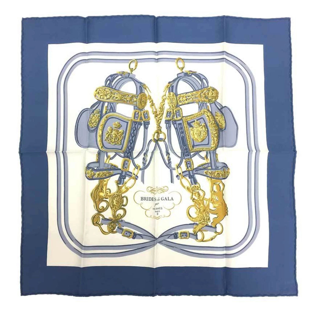 Scarf (ceremonial x White Hermes Pre-Owned Blue Carre de Muffler Silk 100% HERMES BRIDES (Like 45 New) bridle) GALA