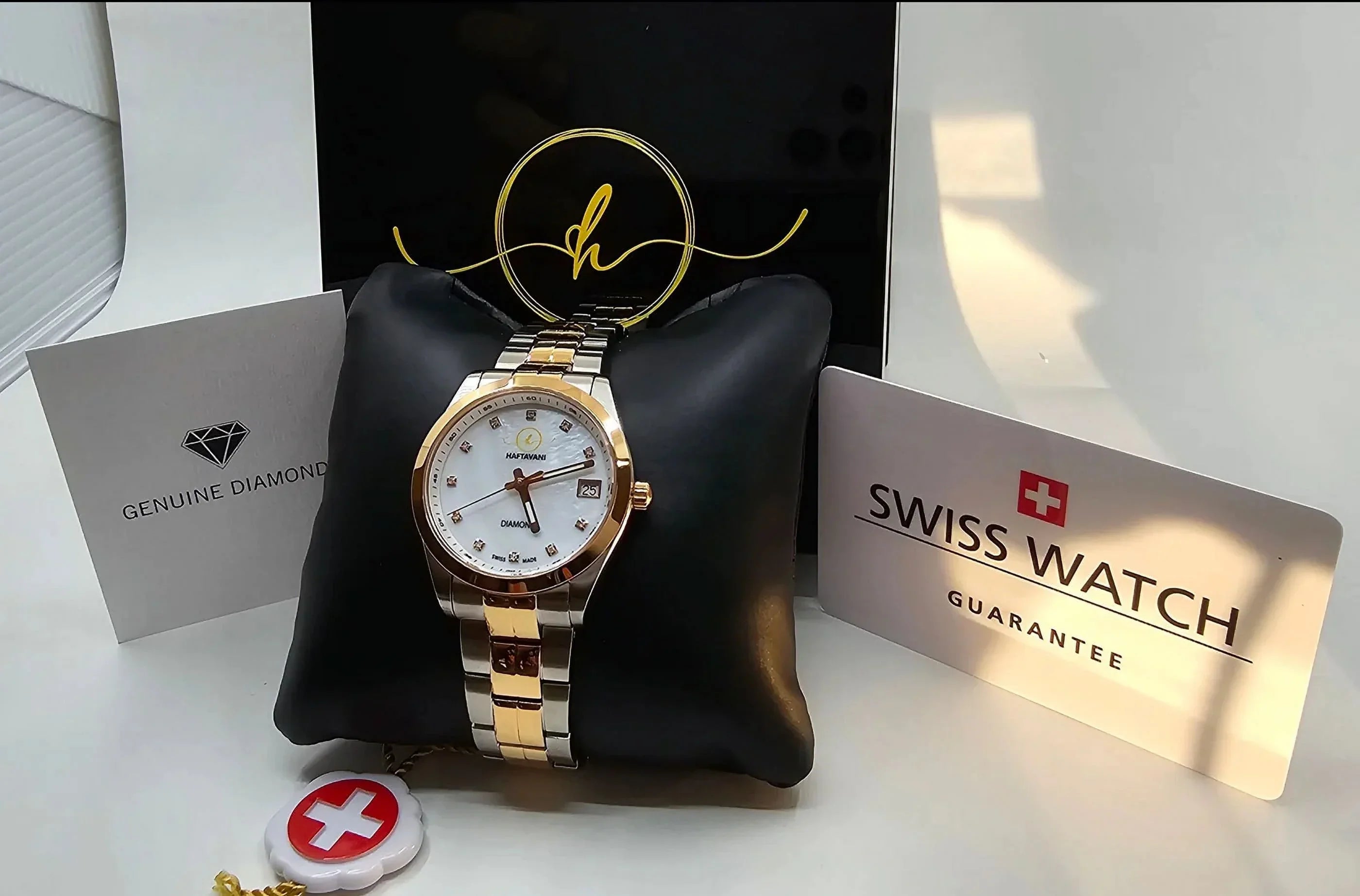 Face Gold -100M - Lady Swiss Waterproof Marble Stainless Haftavani With Steel Watch – Bicolour Diamond Quartz Made Silver-Rose Queen Diamonds - Genuine