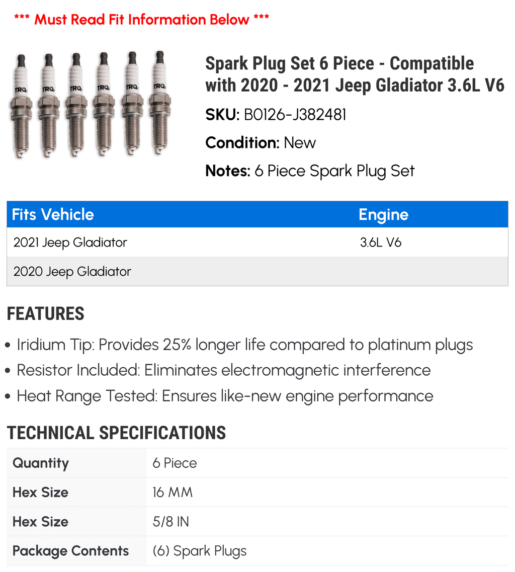 Compatible 2020 3.6L with 6 Piece Plug - Jeep Set 2021 Spark - Gladiator V6