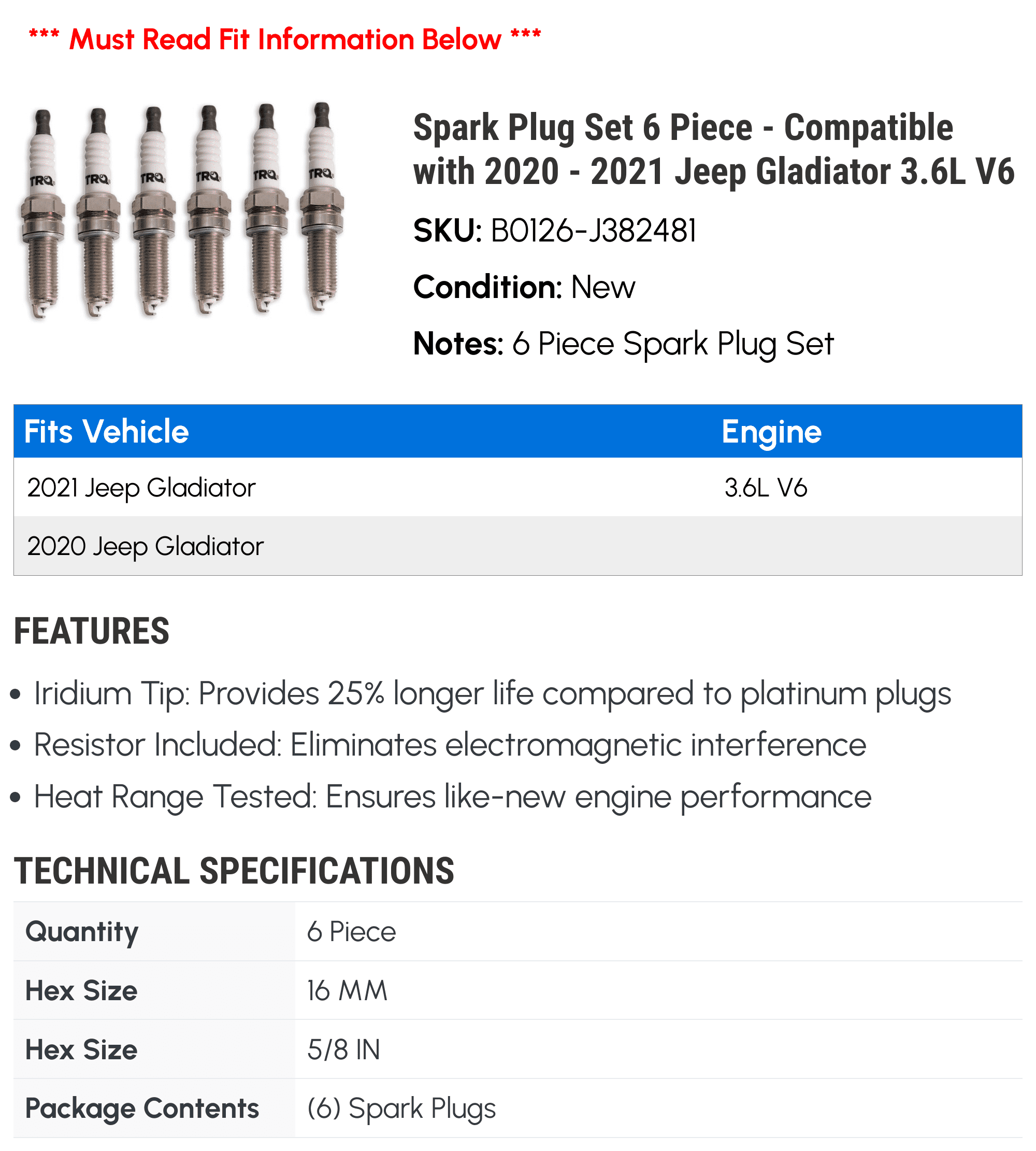 Compatible 2020 3.6L with 6 Piece Plug - Jeep Set 2021 Spark - Gladiator V6