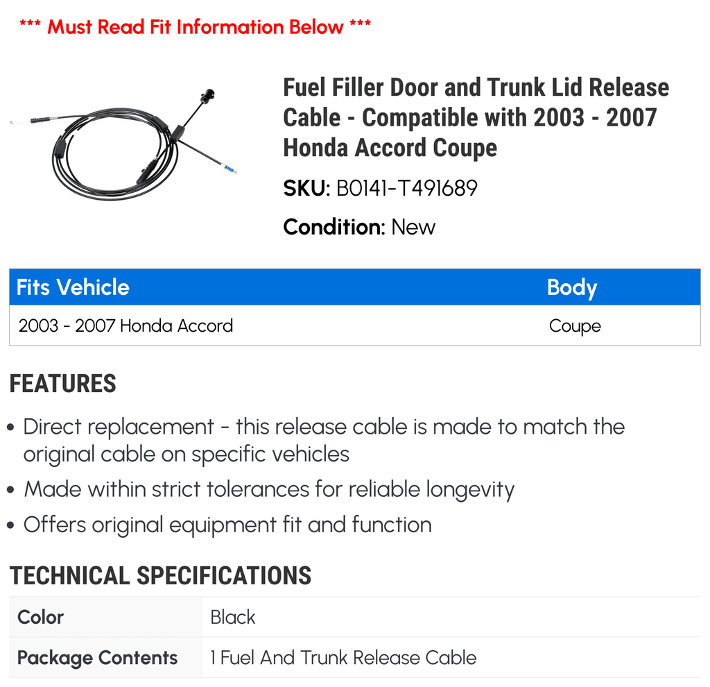2007 - and Coupe Cable 2004 2006 Fuel Door Release with Trunk Accord Honda 2003 Filler Lid - Compatible 2005