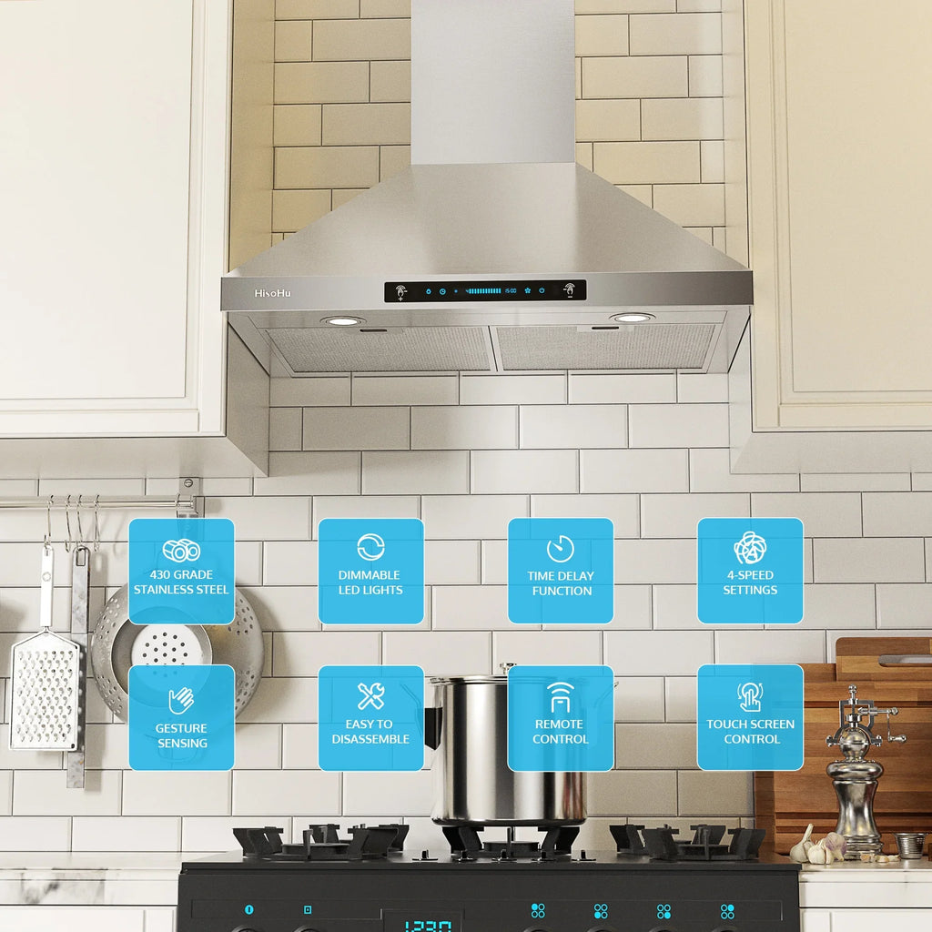 CFM Sensing Gesture Duct, HisoHu 36 Inch Range Kitchen Exhaust Wall Hood, LED Vent Hood Hood Stainless 780 Mount Hoods lights(A02-36") Speed with Ducted/Ductless with 4 Steel Dimmable Convertible