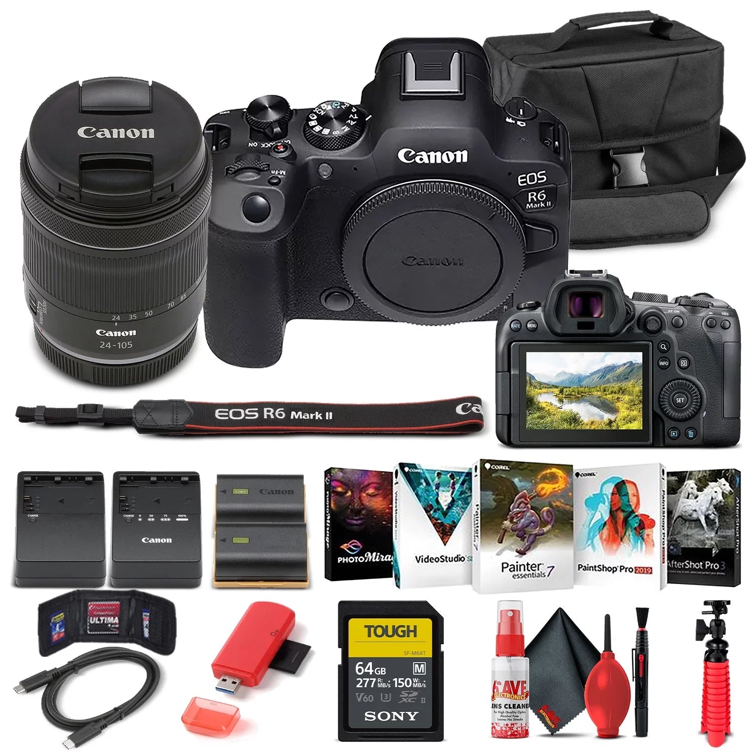 Memory Lens R6 Canon More + Case Mark + Corel II Software LPE6 with Card + Reader f/4-7.1 + + 64GB Charger 24-105mm External Camera EOS Mirrorless Photo Battery (5666C018) Card + +