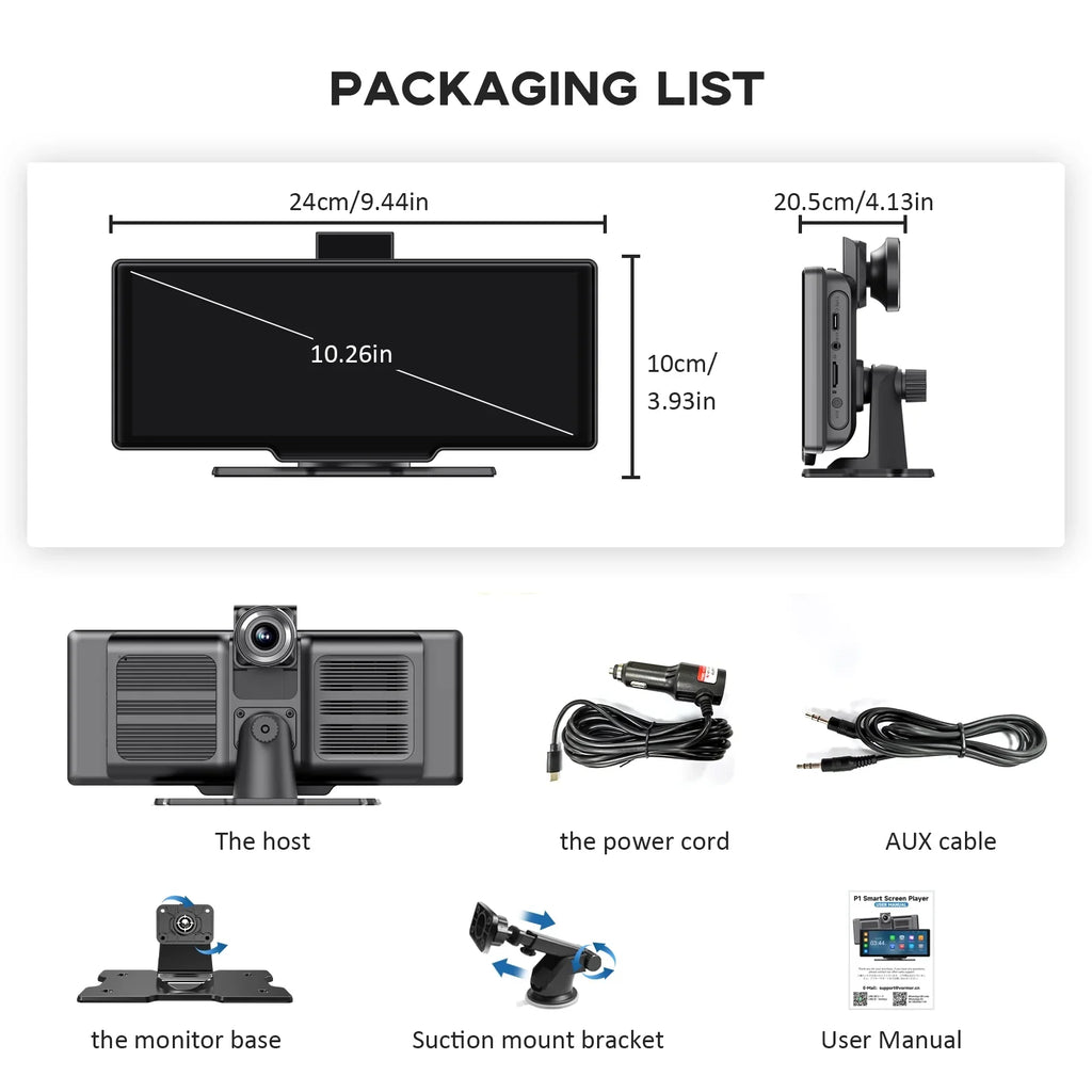 Play Touch Carplay Wireless Apple Screen Adapter Herilary Cam, Car Screen 2.5K with 10.26" Car Carplay Wireless Auto Android Mirror Dash Link/Siri/Wifi/Bluetooth/Double Din Stereo