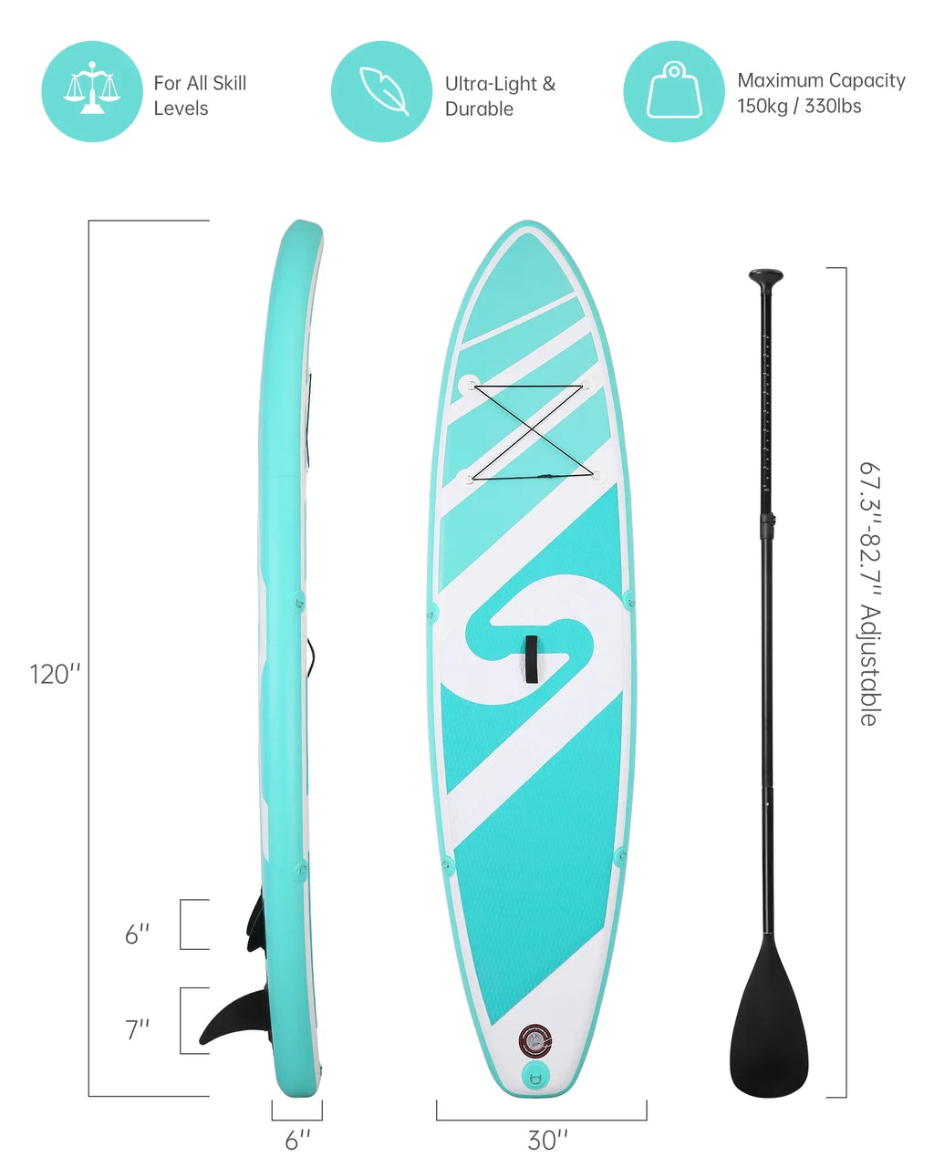 Board SUP Stand with Paddle & Board Summer for Up Youth Paddle Board Inflatable 120"x30"x6" Adults