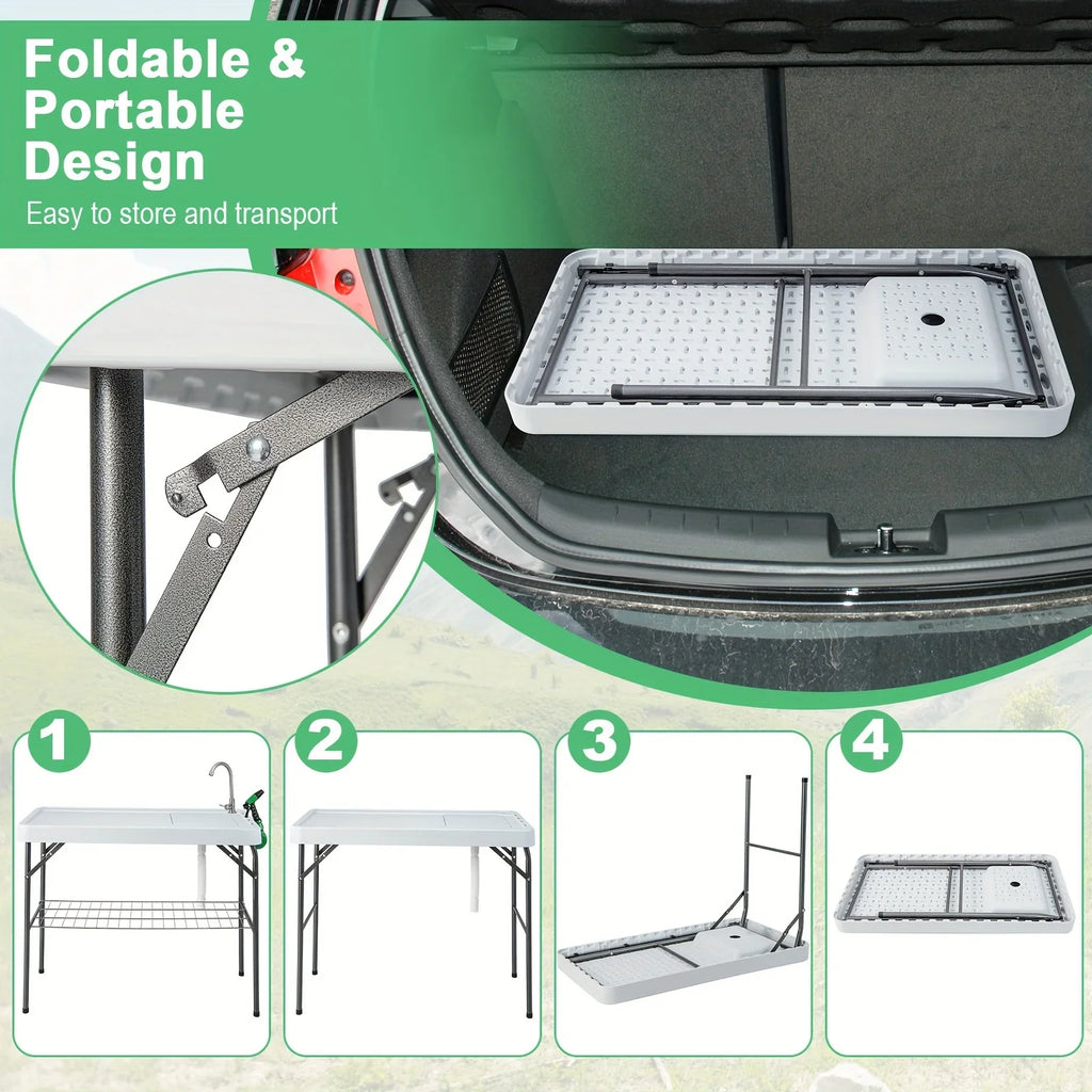 Table, W/ Folding Camping Cleaning Table Portable Rack Hose Fish Grid Faucet