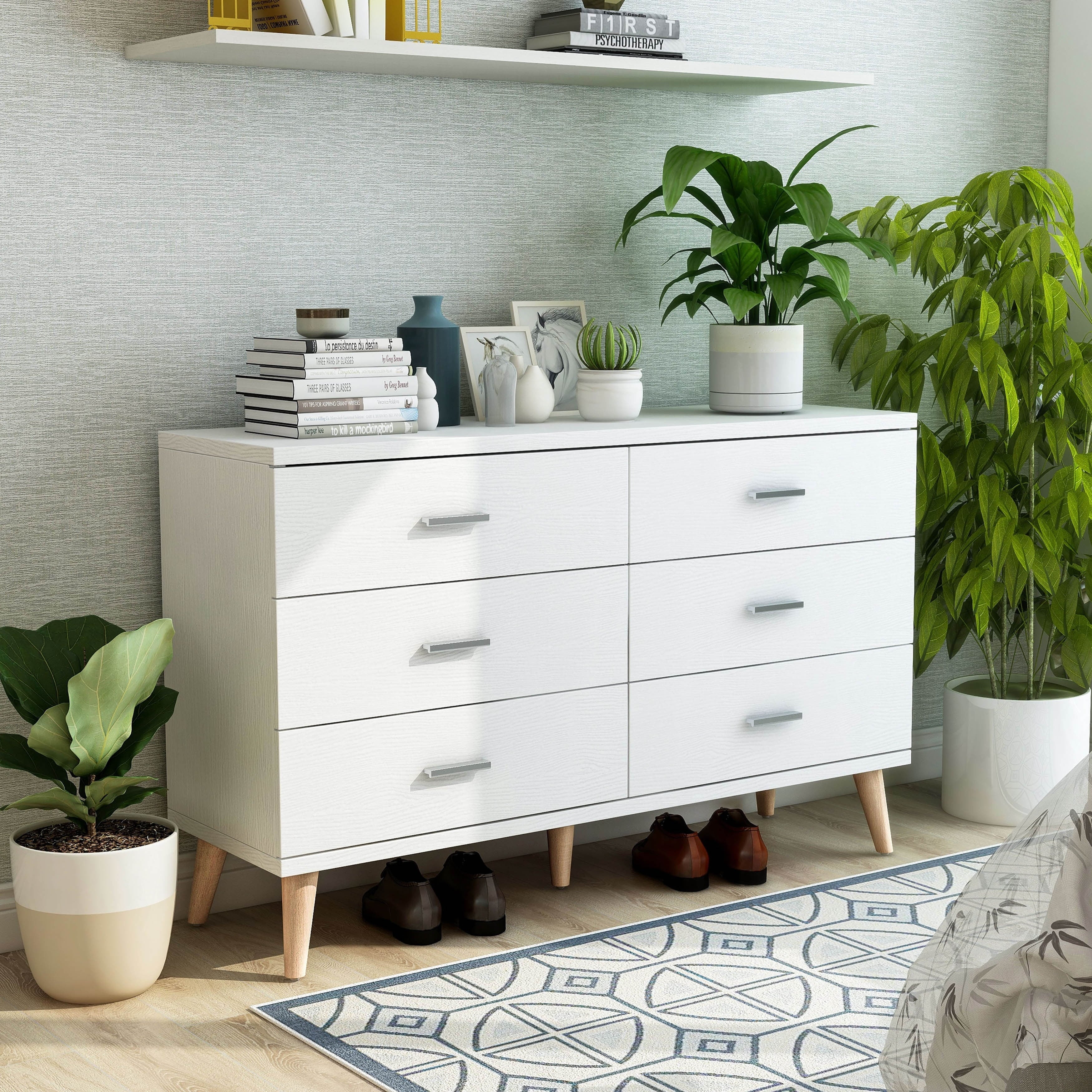 Bar by Dresser Pulls Wide Denhour White DH Modern 47-inch with BASIC 6-Drawer Mid-Century