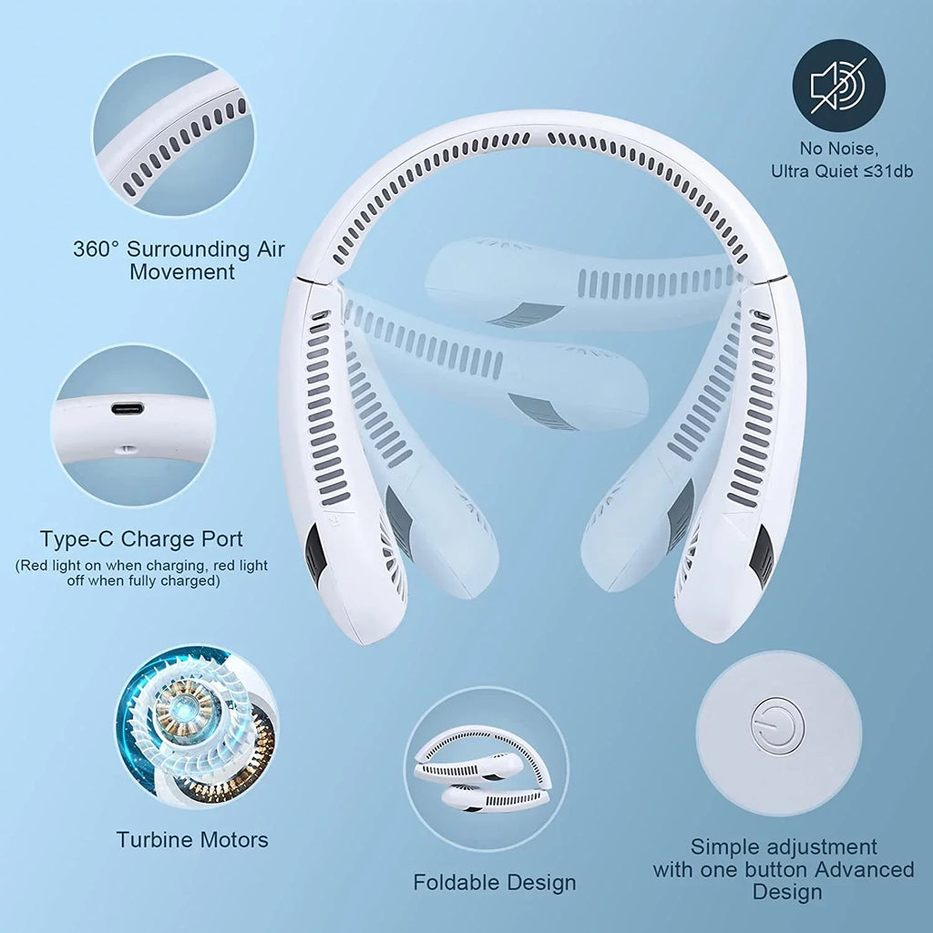 Fan Wearable Degrees Hands Fan Cooler Morttic Foldable Fan Sport 5000 Travel Fan, Perfect Personal (White) Outdoor Portable 360 Free Bladeless for 3 Rechargeable Airflow Speeds, USB Fan mAh Neck