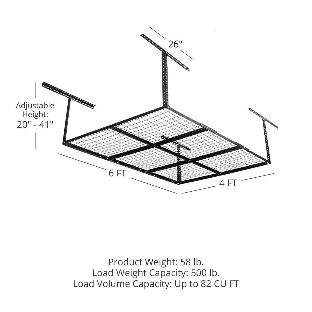 LB Overhead Loading Equipment Bikes Mount Rack, Wire Garage x 4' to Storage Height, 6' System, Storage 41" for Capacity, Organization Adjustable with 20" Ceiling Grid Bins Titan Attachments Metal 500