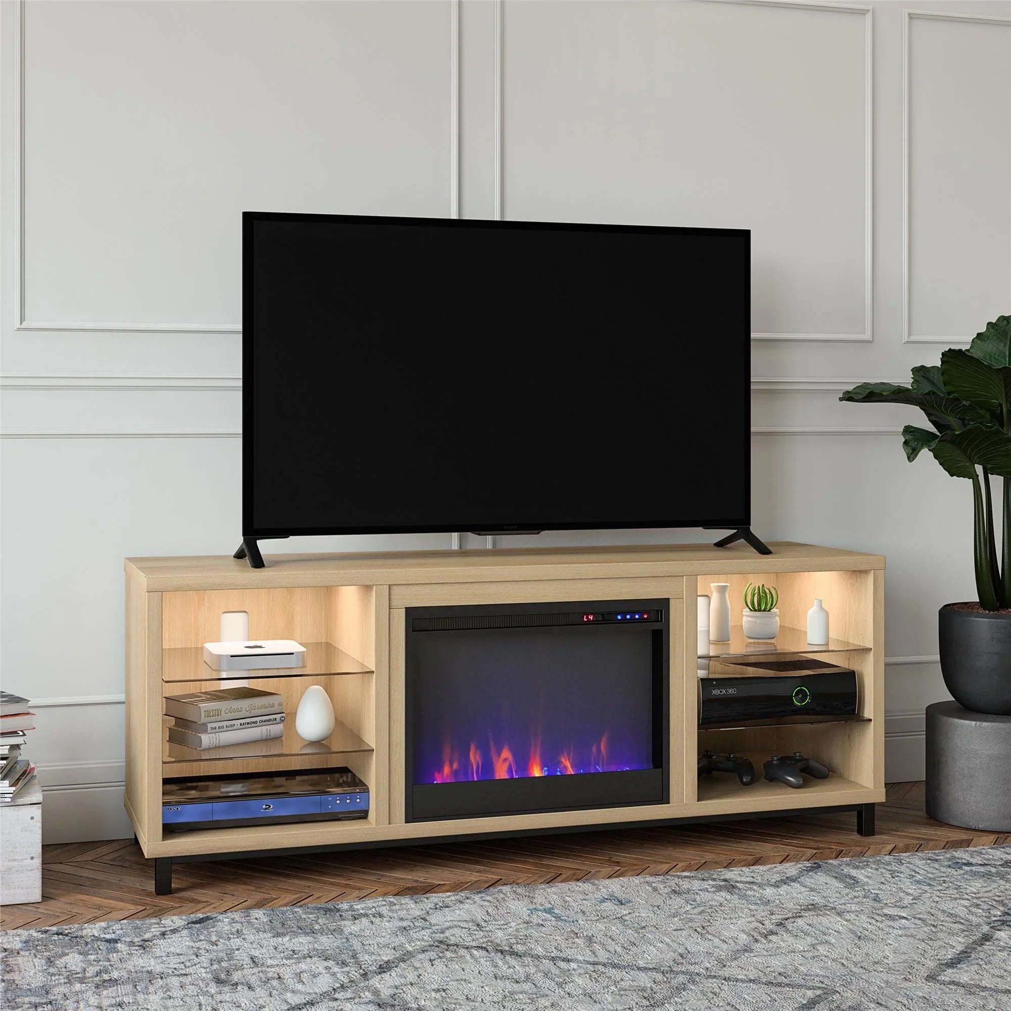 up TV Oak for TVs 70" in Blonde Stand to Deluxe Lumina Ameriwood Fireplace Home