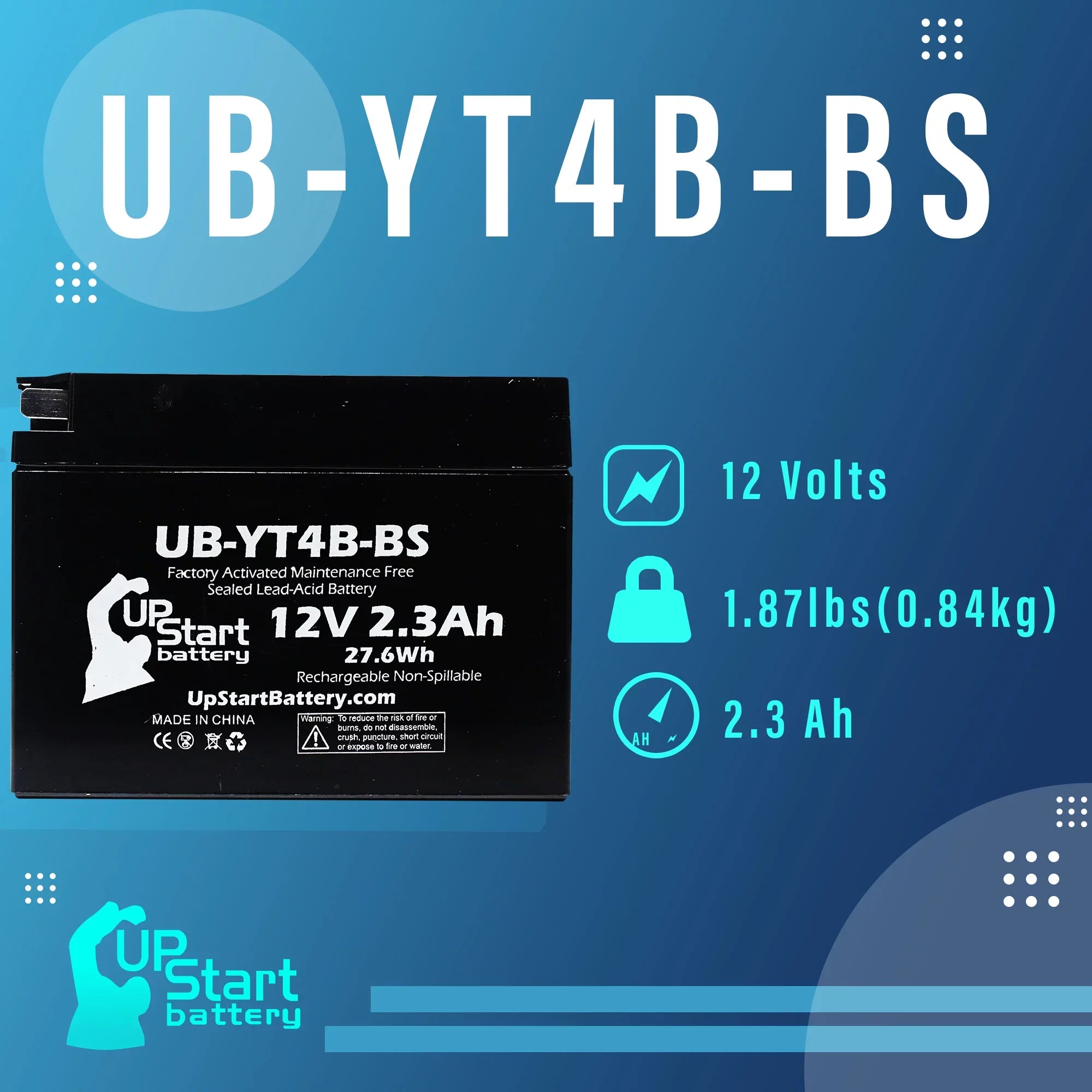 Battery Replacement Motorcycle 2009 SR400 Battery UB-YT4B-BS - Activated, 12V, UpStart Maintenance Free, 2.3Ah, Yamaha 400CC Factory 2-Pack