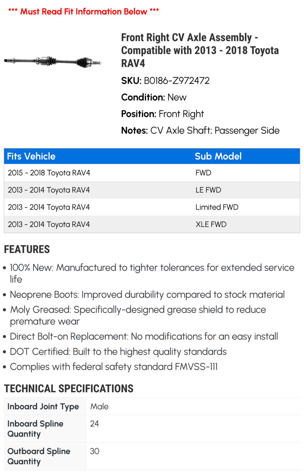 Right RAV4 Compatible Assembly 2015 2017 Toyota with Front 2018 - CV 2016 - 2013 Axle 2014